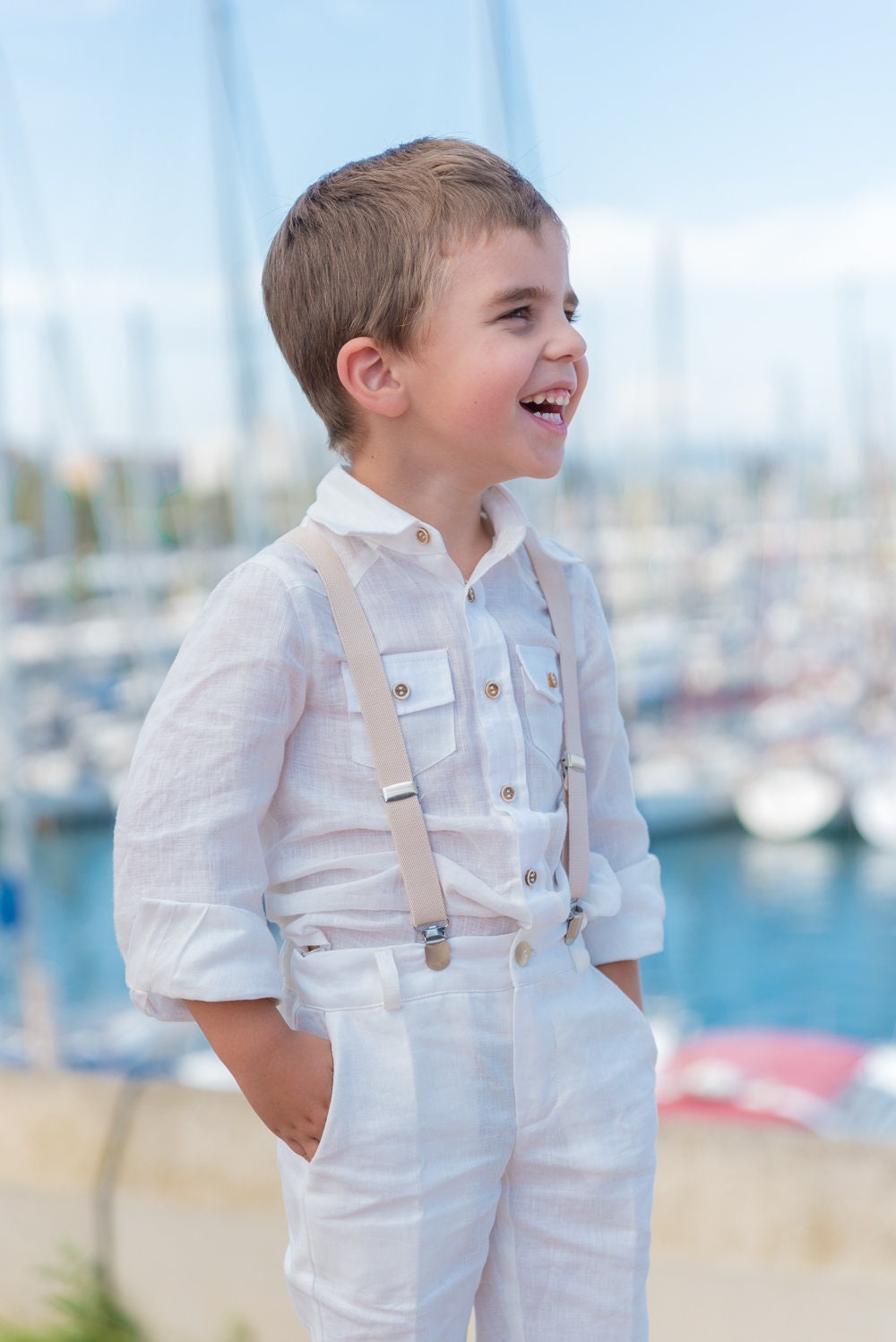 White linen shirt for boys with long sleeves/ Boys Ring bearer shirt/ Rustic wedding Linen clothing toddler dress shirt/ baptism outfit