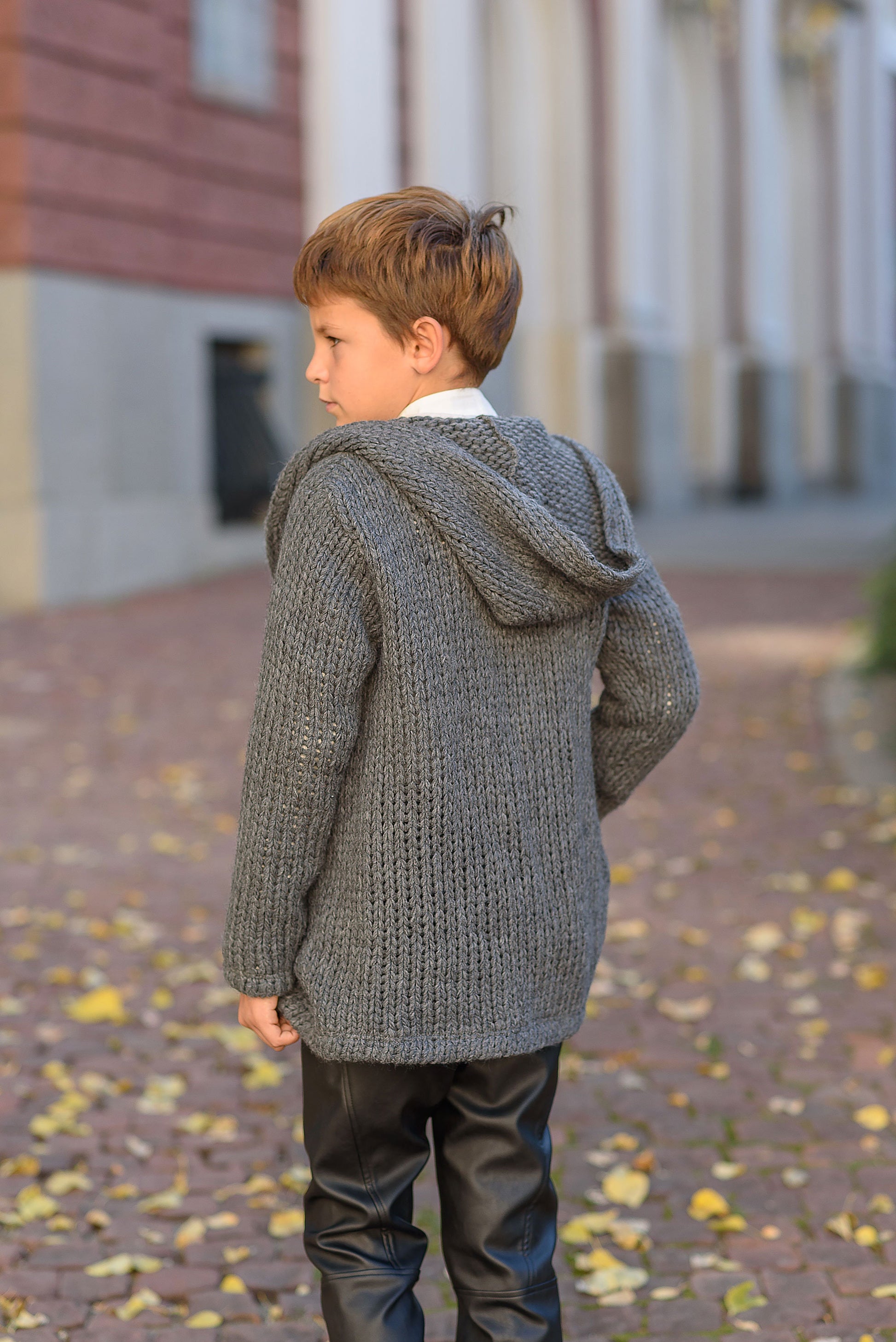 Hooded chunky knitted cardigan sweater kids/ Charcoal Hand knitted sweater wool coat toddler/ Oversized hand knit sweater slouchy cardigan