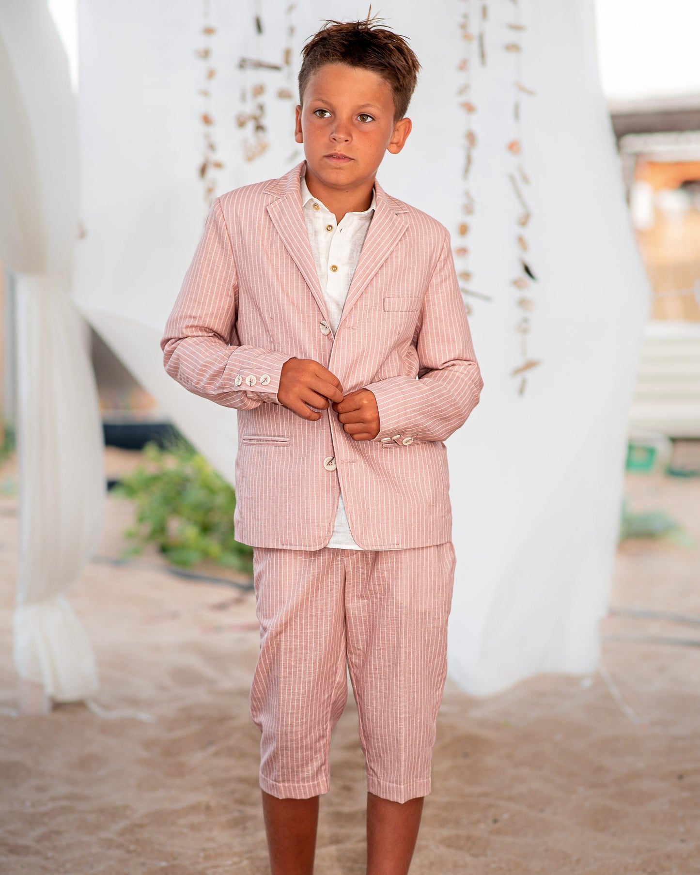 Boys linen outfit/ Toddler boy linen suit/ Kids beach wedding outfit/ Page boy striped rustic suit/ Ring bearer summer clothes outfit