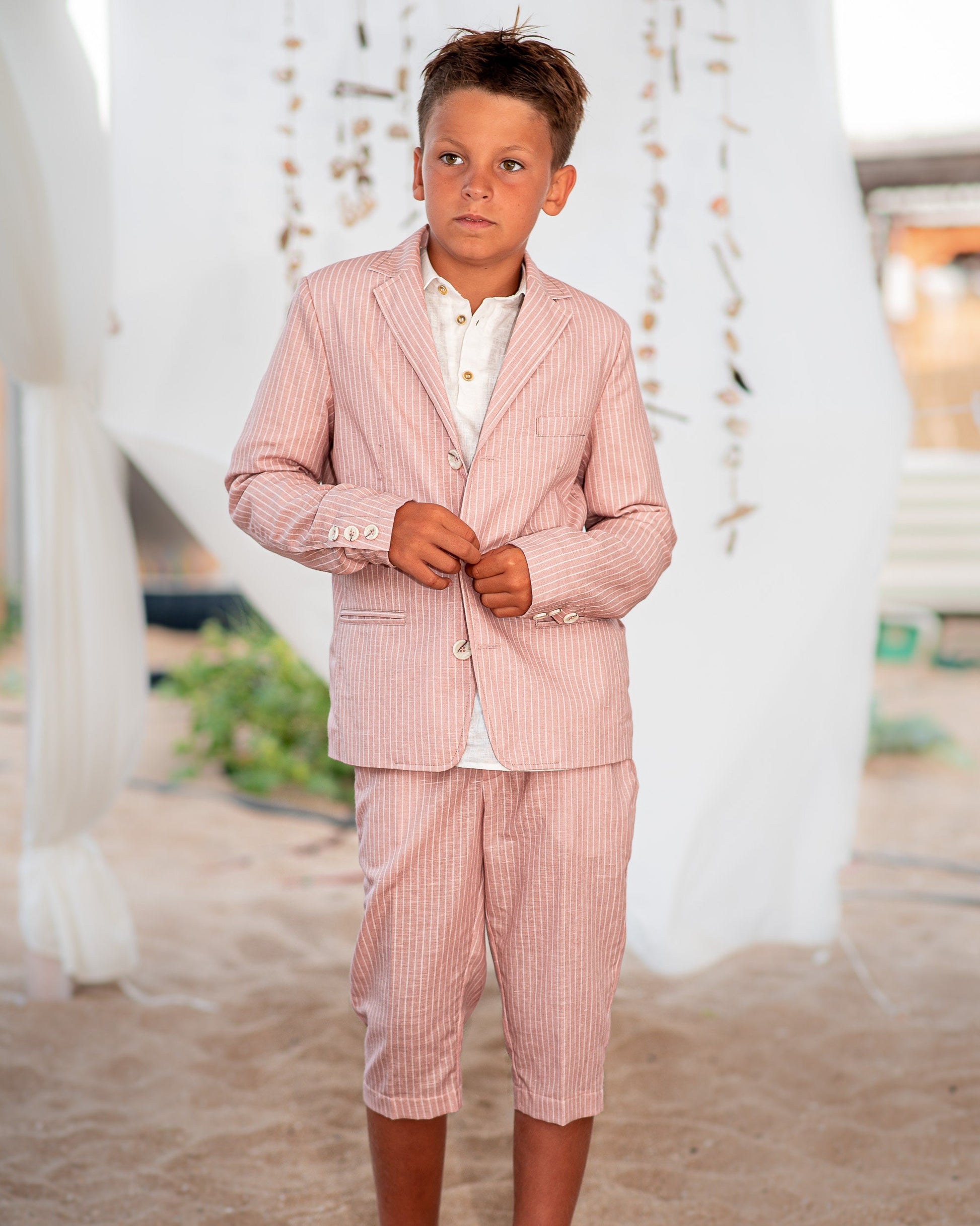 Boys linen outfit/ Toddler boy linen suit/ Kids beach wedding outfit/ Page boy striped rustic suit/ Ring bearer summer clothes outfit