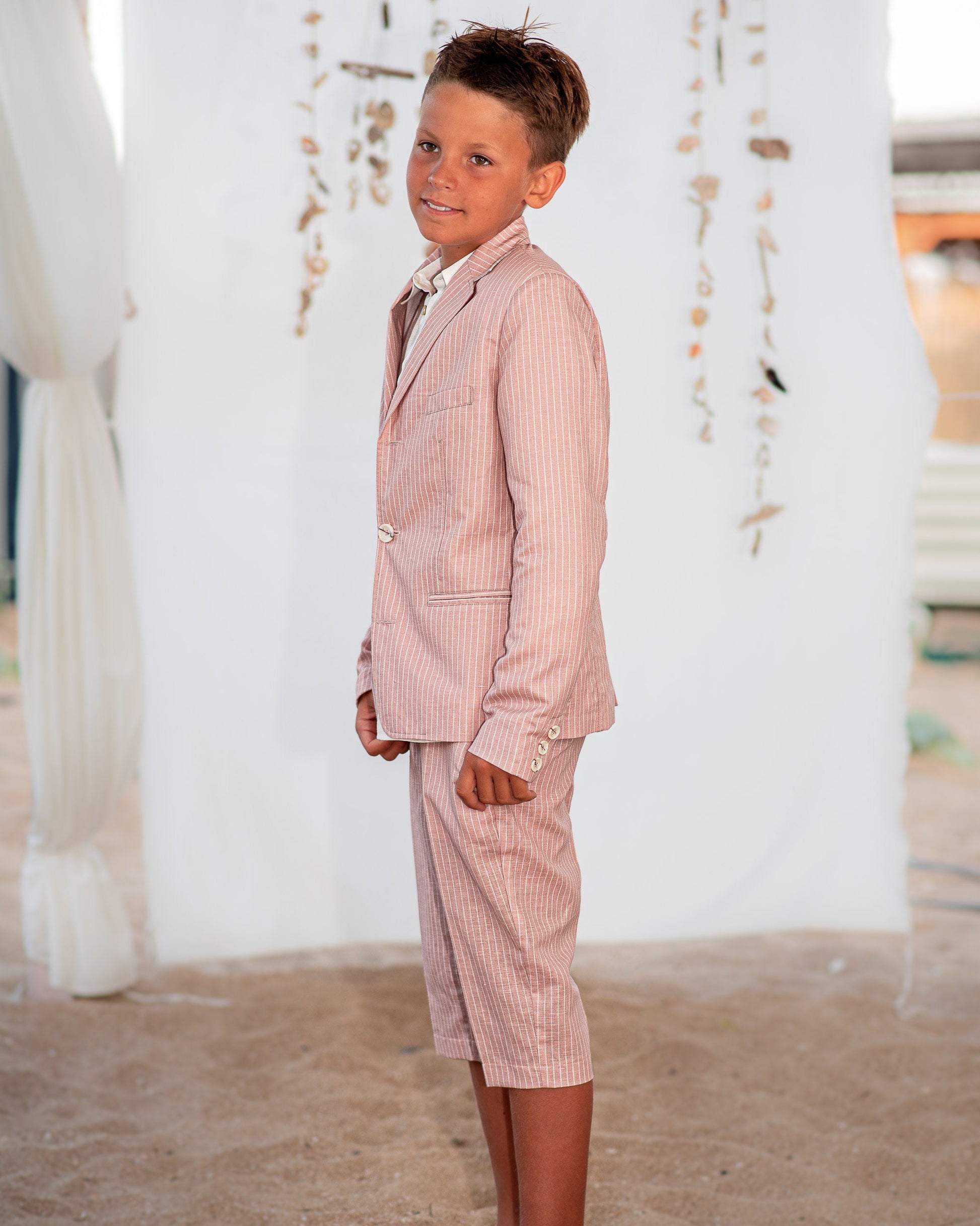 Boys linen outfit/ Toddler boy linen suit/ Kids beach wedding outfit/ Page boy striped rustic suit/ Ring bearer summer clothes outfit