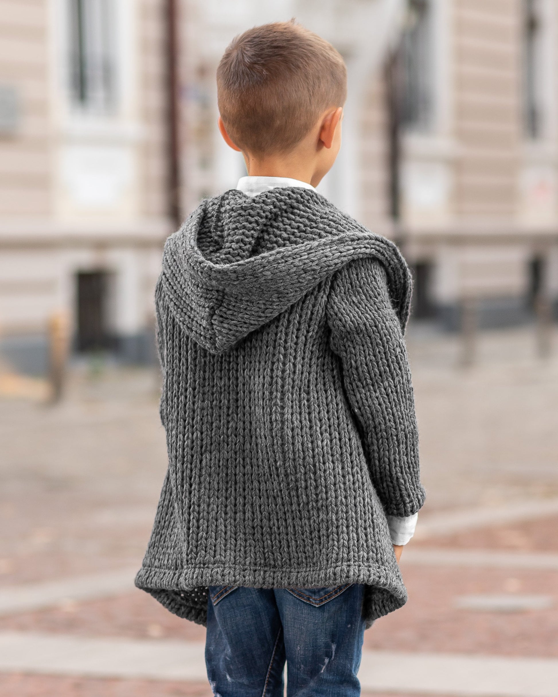 Hooded chunky knitted cardigan sweater kids/ Charcoal Hand knitted sweater wool coat toddler/ Oversized hand knit sweater slouchy cardigan