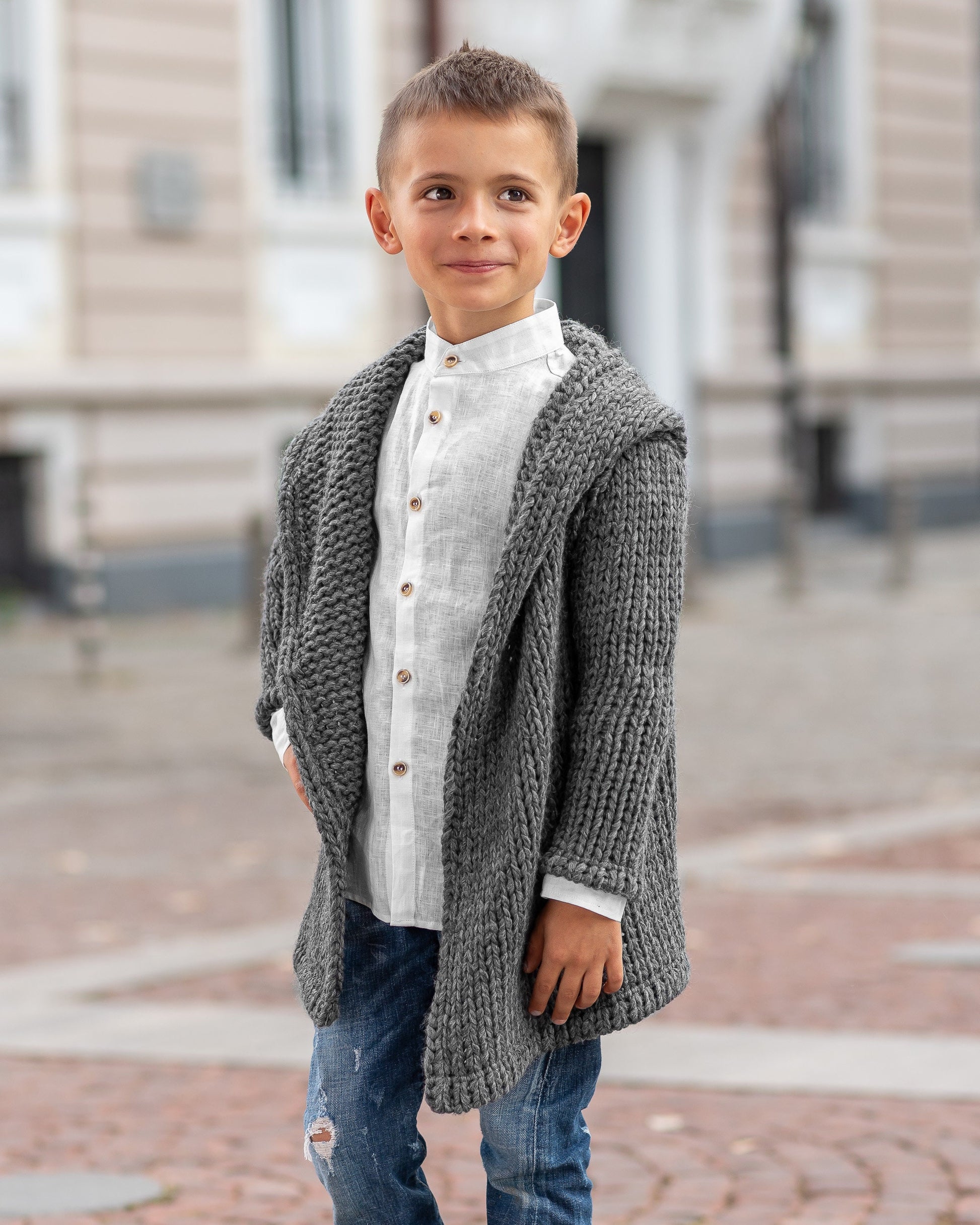 Hooded chunky knitted cardigan sweater kids/ Charcoal Hand knitted sweater wool coat toddler/ Oversized hand knit sweater slouchy cardigan