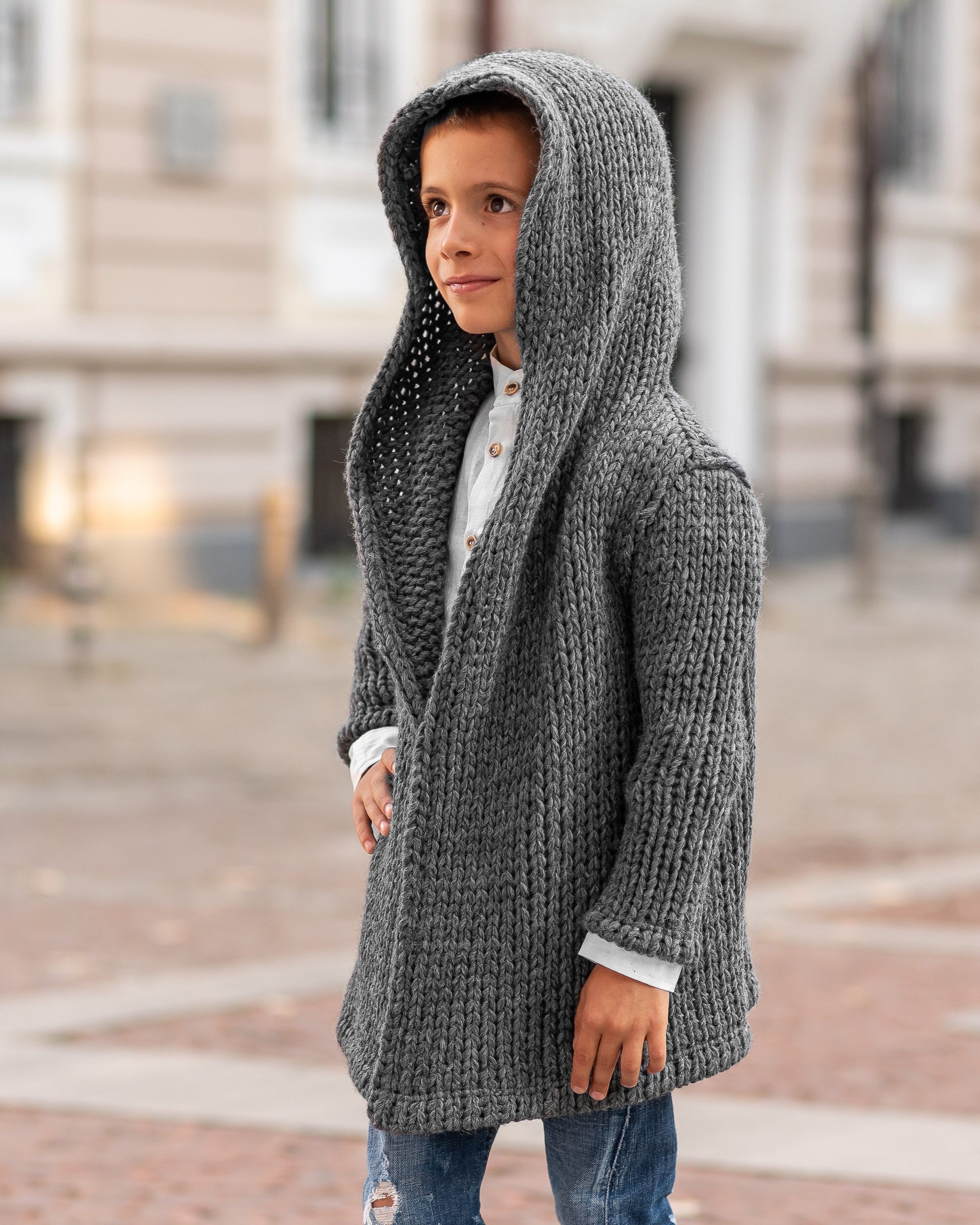 Hooded chunky knitted cardigan sweater kids/ Charcoal Hand knitted sweater wool coat toddler/ Oversized hand knit sweater slouchy cardigan