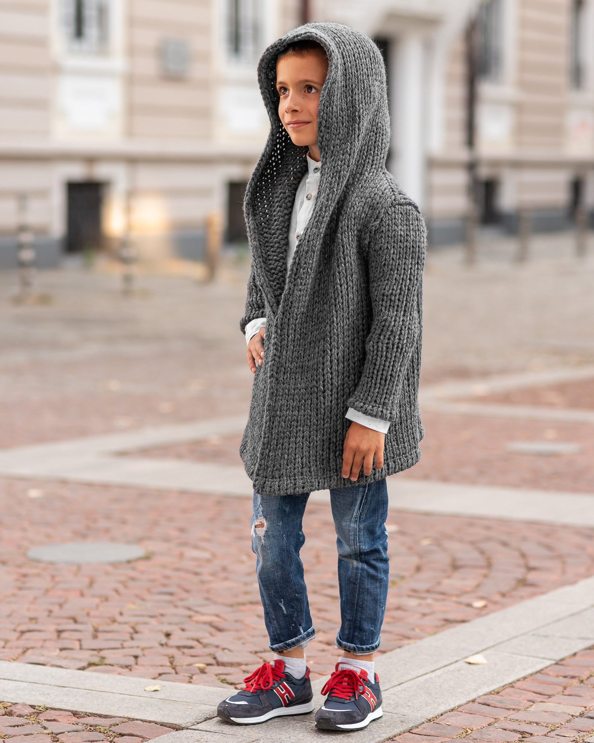 Hooded chunky knitted cardigan sweater kids/ Charcoal Hand knitted sweater wool coat toddler/ Oversized hand knit sweater slouchy cardigan