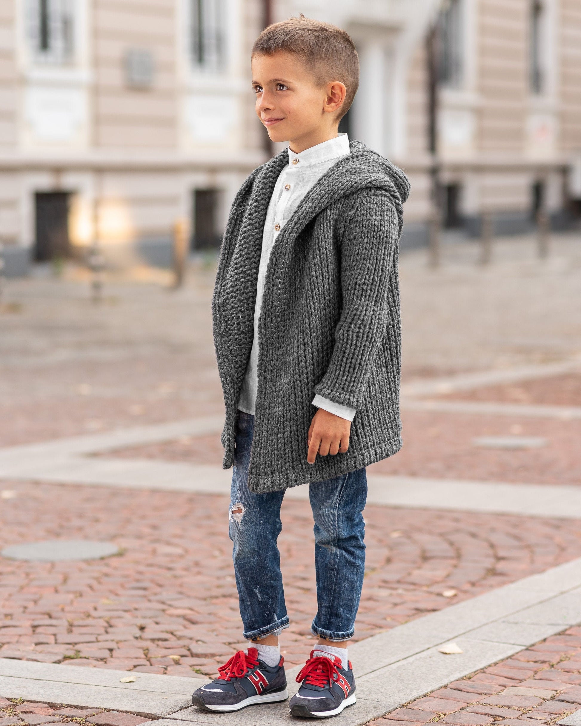 Hooded chunky knitted cardigan sweater kids/ Charcoal Hand knitted sweater wool coat toddler/ Oversized hand knit sweater slouchy cardigan