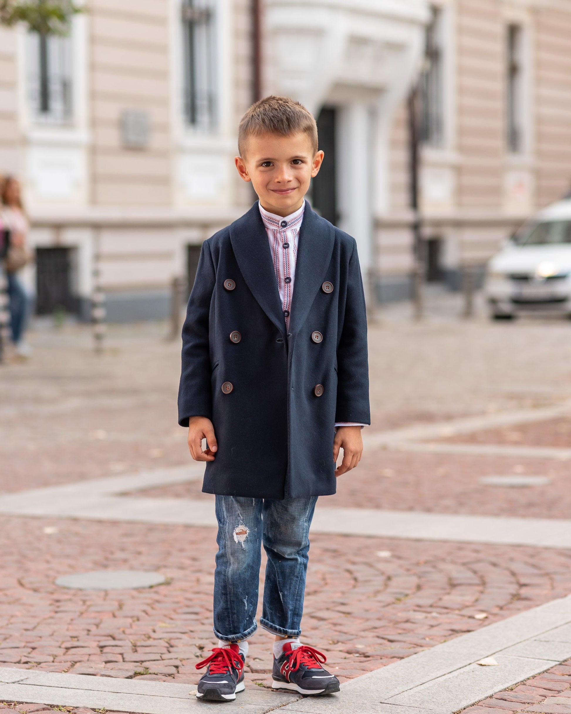 Long shawl collar wool for boys, Double breasted down coat toddler, Kids warm winter vintage coat, Navy classic coat, Junior long pea coat