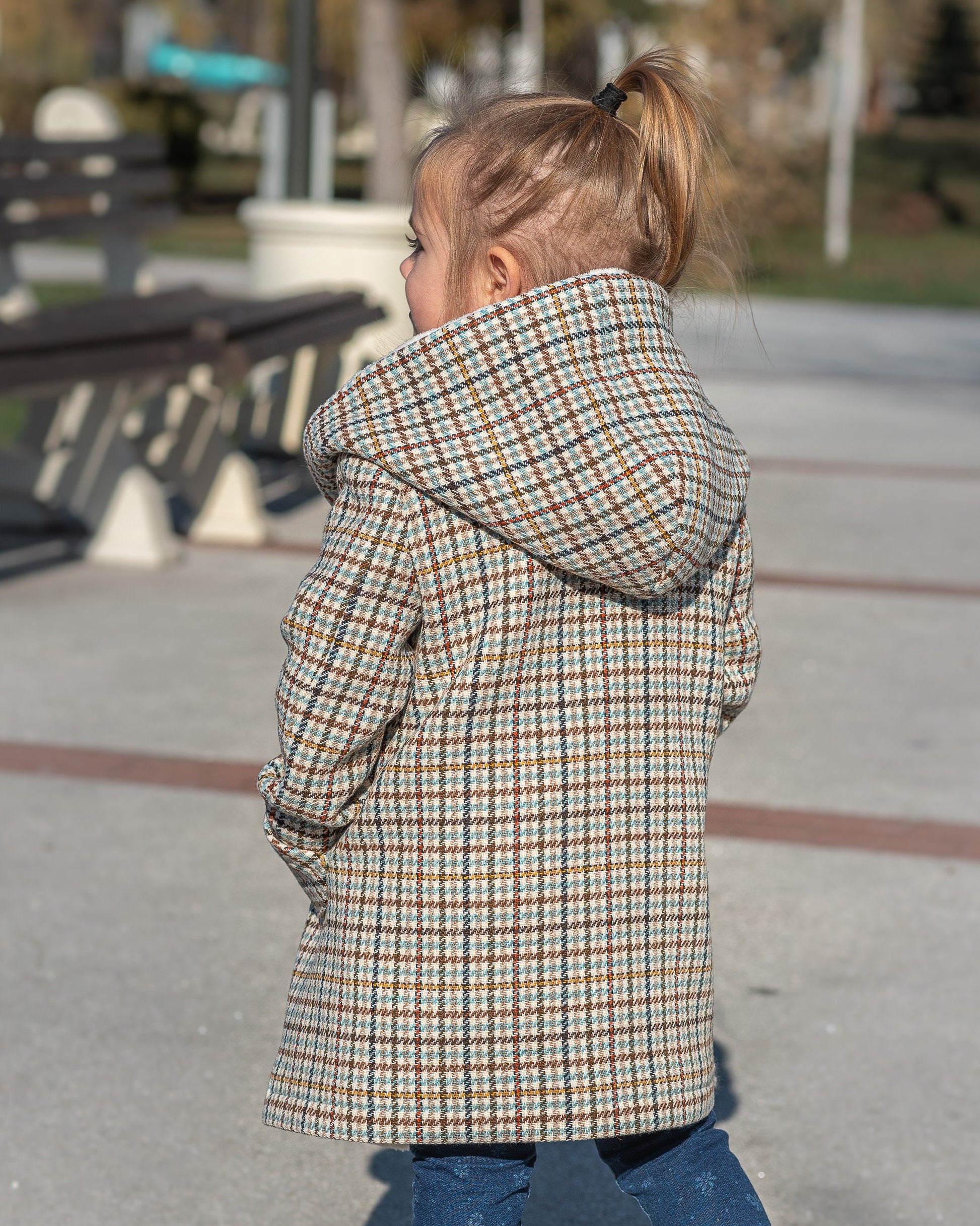 Hooded wool houndstooth coat girl jacket/ Tweed checked toddler coat large hood Kids wool plaid overcoat/ Square check tartan tweeted jacket