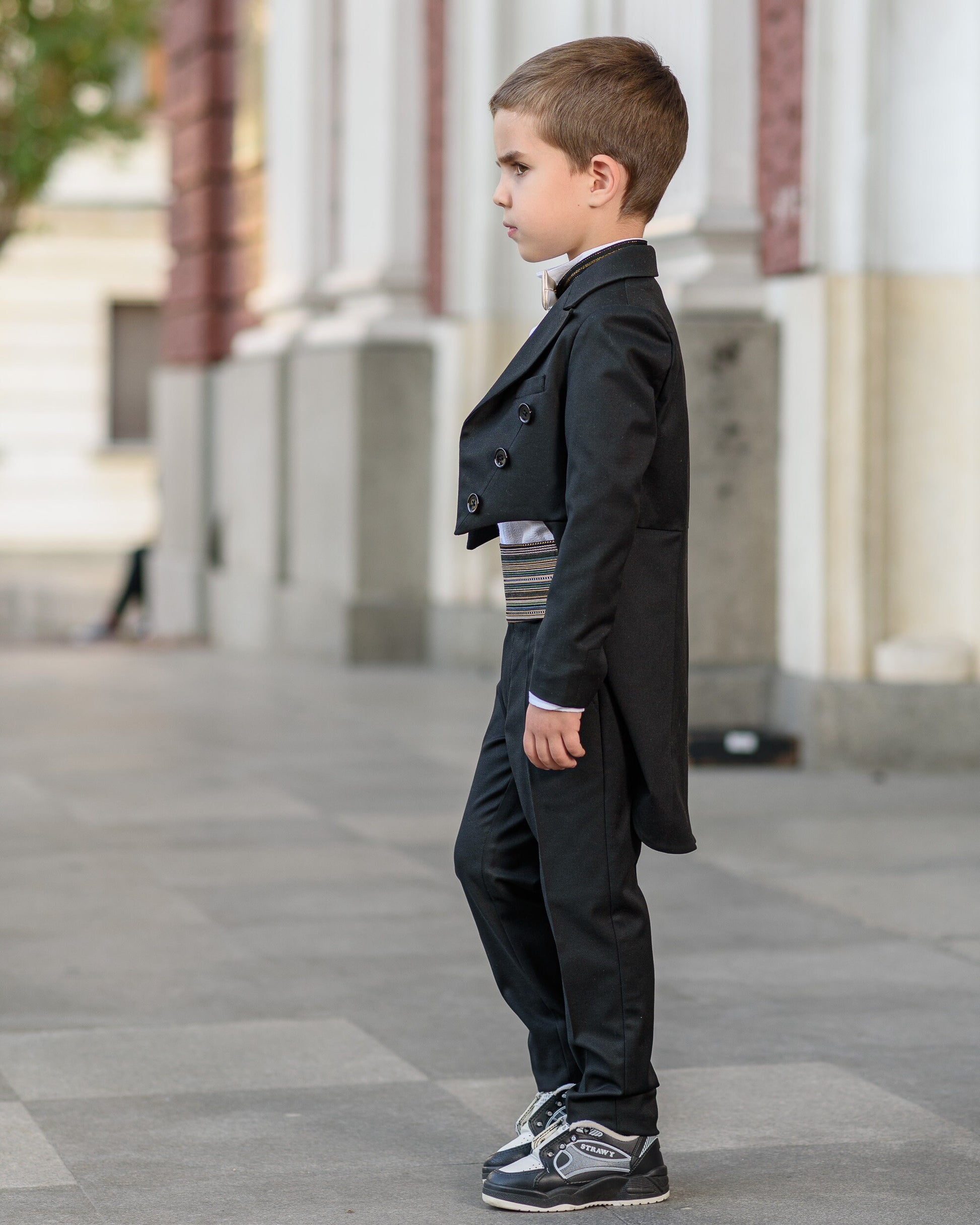 Boys Black Tailcoat Cummerbund Tuxedo Suit for Formal Event/ Wedding Costume for Toddler Little Gentleman Full Dress Tail Tux Evening Outfit