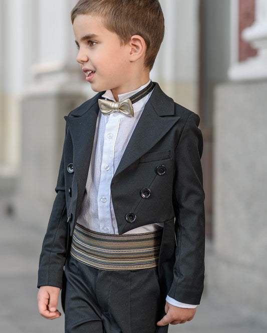 Boys Black Tailcoat Cummerbund Tuxedo Suit for Formal Event/ Wedding Costume for Toddler Little Gentleman Full Dress Tail Tux Evening Outfit