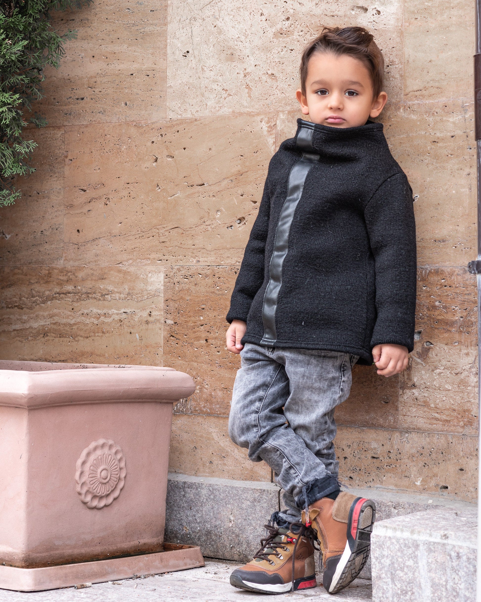 Wool turtleneck sweater boys/ Designer warm high neck sweater/ Black high collar woolen sweater kids/ Toddler boy modern turtle sweater