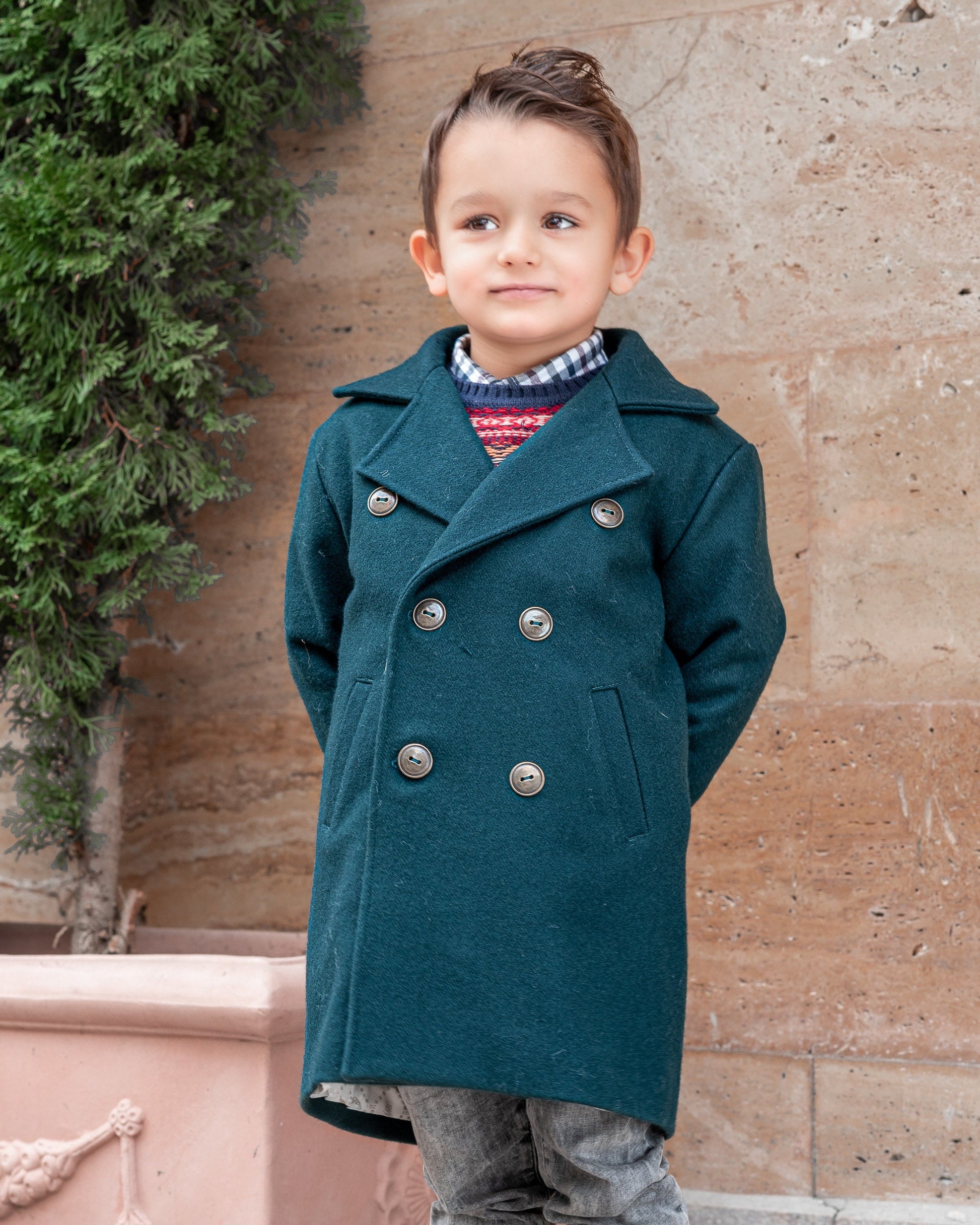 Long wool peacoat for boys, Kids warm winter vintage coat, Double breasted down coat toddler, Long classic coat, Junior long pea coat