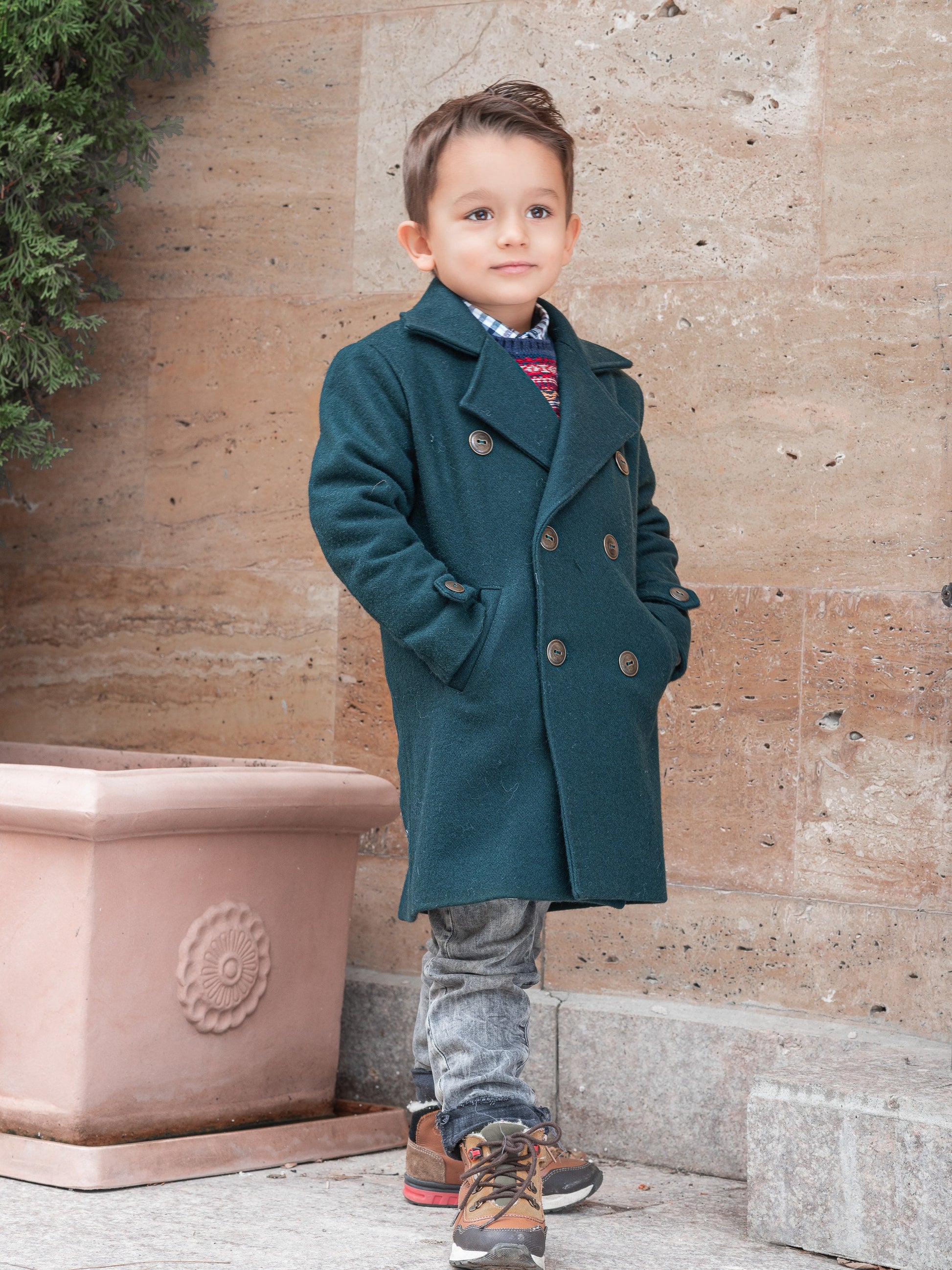 Long wool peacoat for boys, Kids warm winter vintage coat, Double breasted down coat toddler, Long classic coat, Junior long pea coat