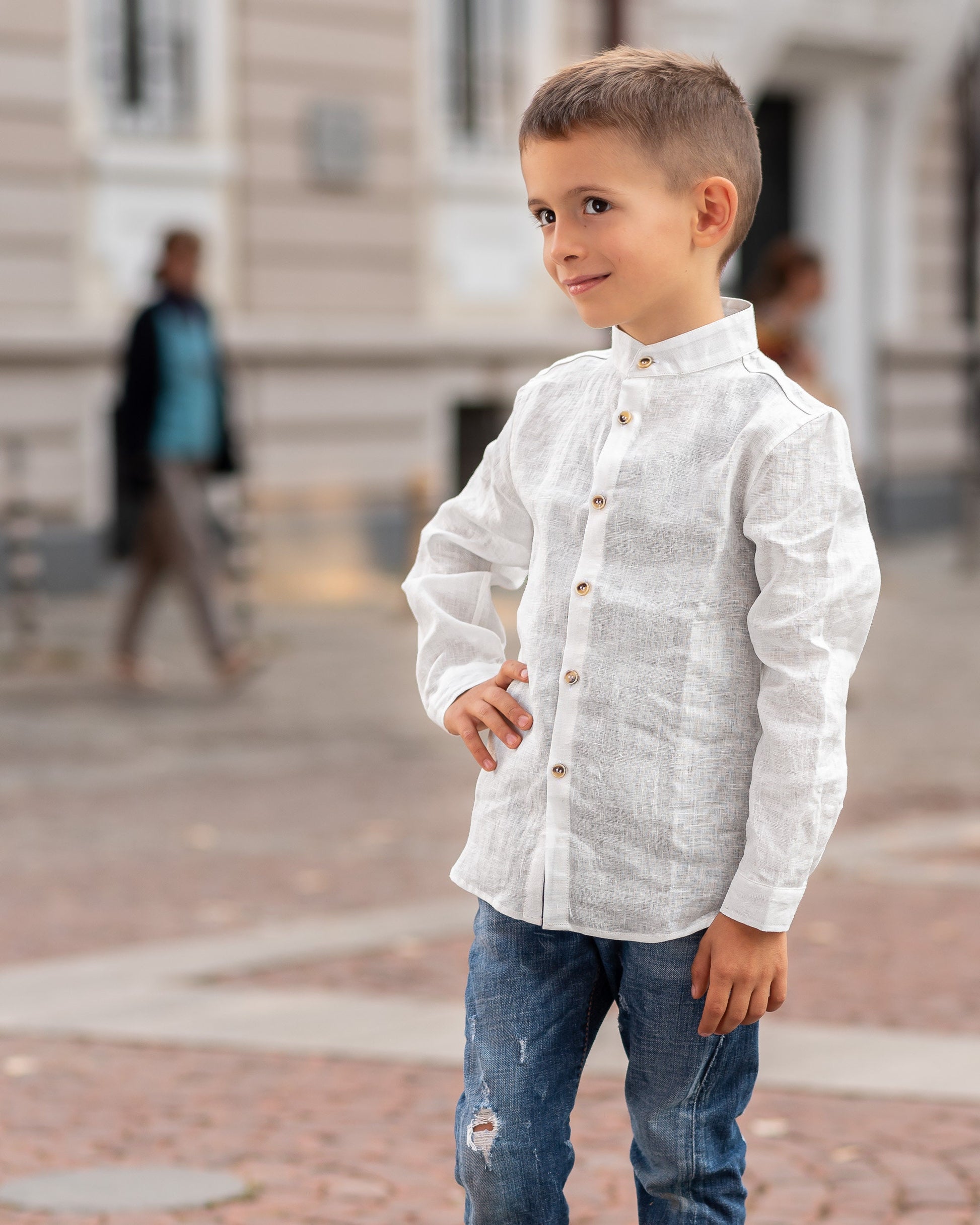 Linen shirt white with long sleeve boys/ Stone washed linen shirt/ Classic linen shirt toddler boy/ Formal linen collar Button up shirt