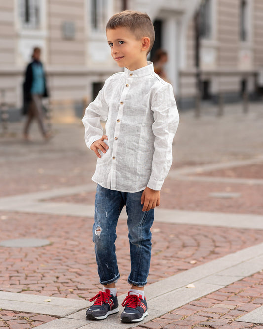 Linen shirt white with long sleeve boys/ Stone washed linen shirt/ Classic linen shirt toddler boy/ Formal linen collar Button up shirt