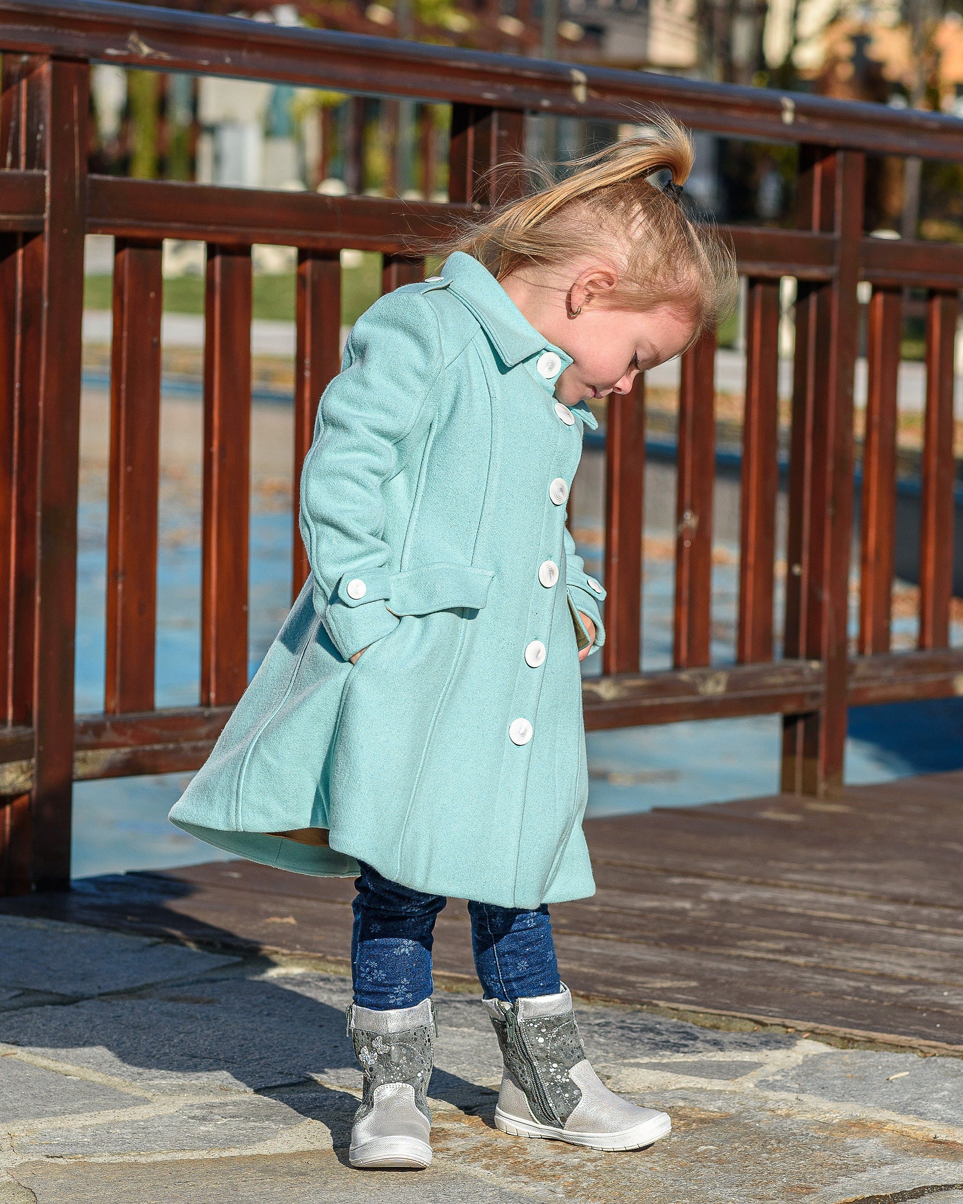 Teal winter tench coat with pockets, Warm long wool coat girl, Kids classic wool winter coats, Toddler cute winter outfits, Couture coat