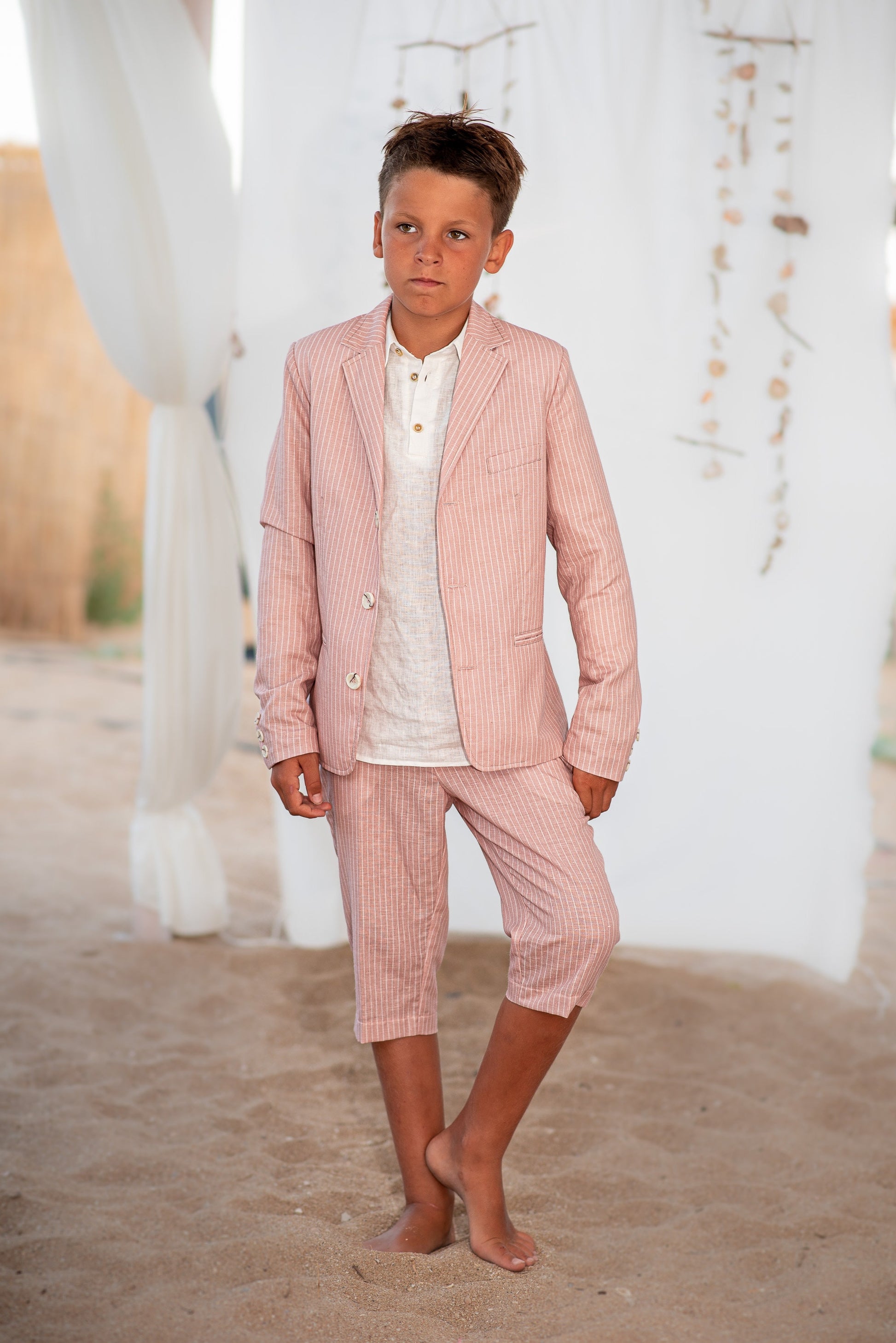 Boys linen outfit/ Toddler boy linen suit/ Kids beach wedding outfit/ Page boy striped rustic suit/ Ring bearer summer clothes outfit