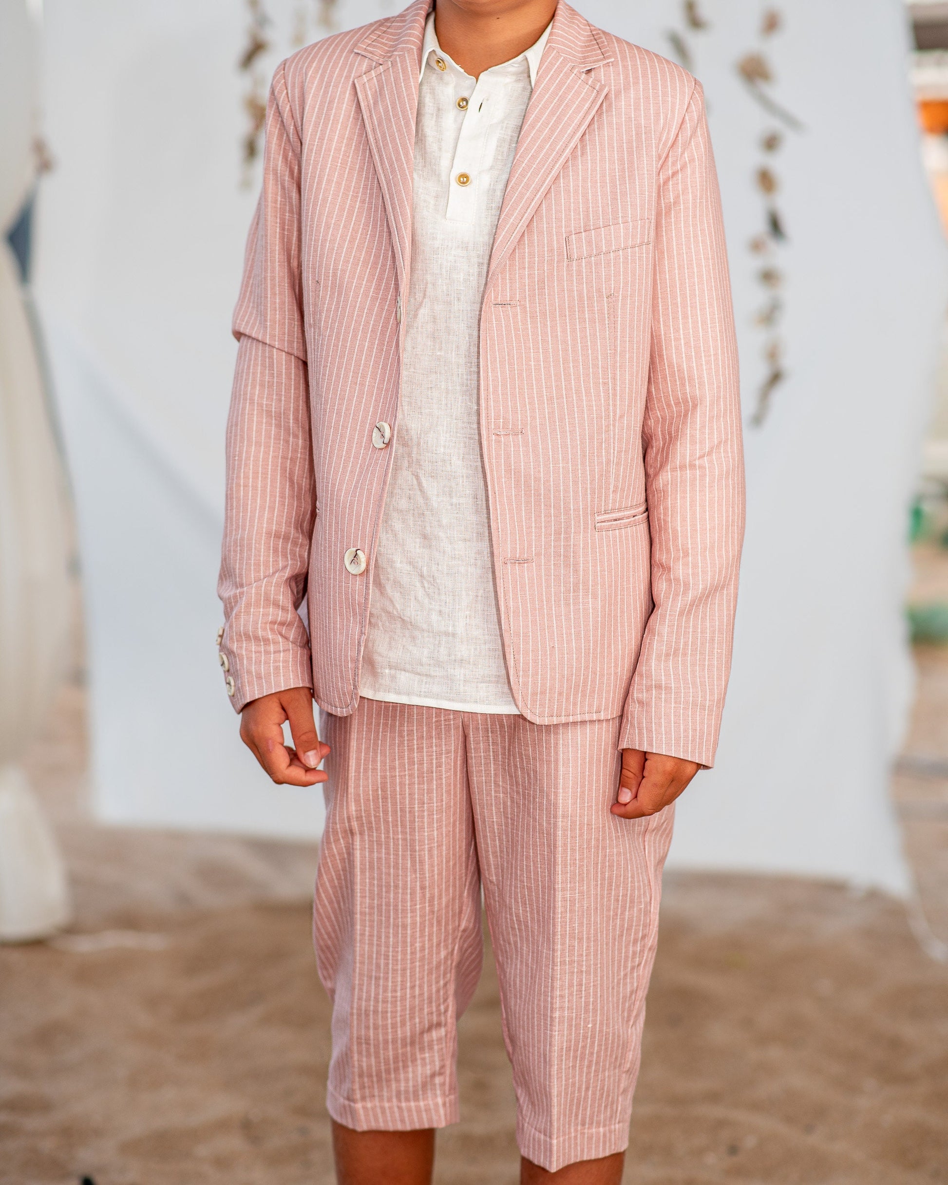Boys linen outfit/ Toddler boy linen suit/ Kids beach wedding outfit/ Page boy striped rustic suit/ Ring bearer summer clothes outfit