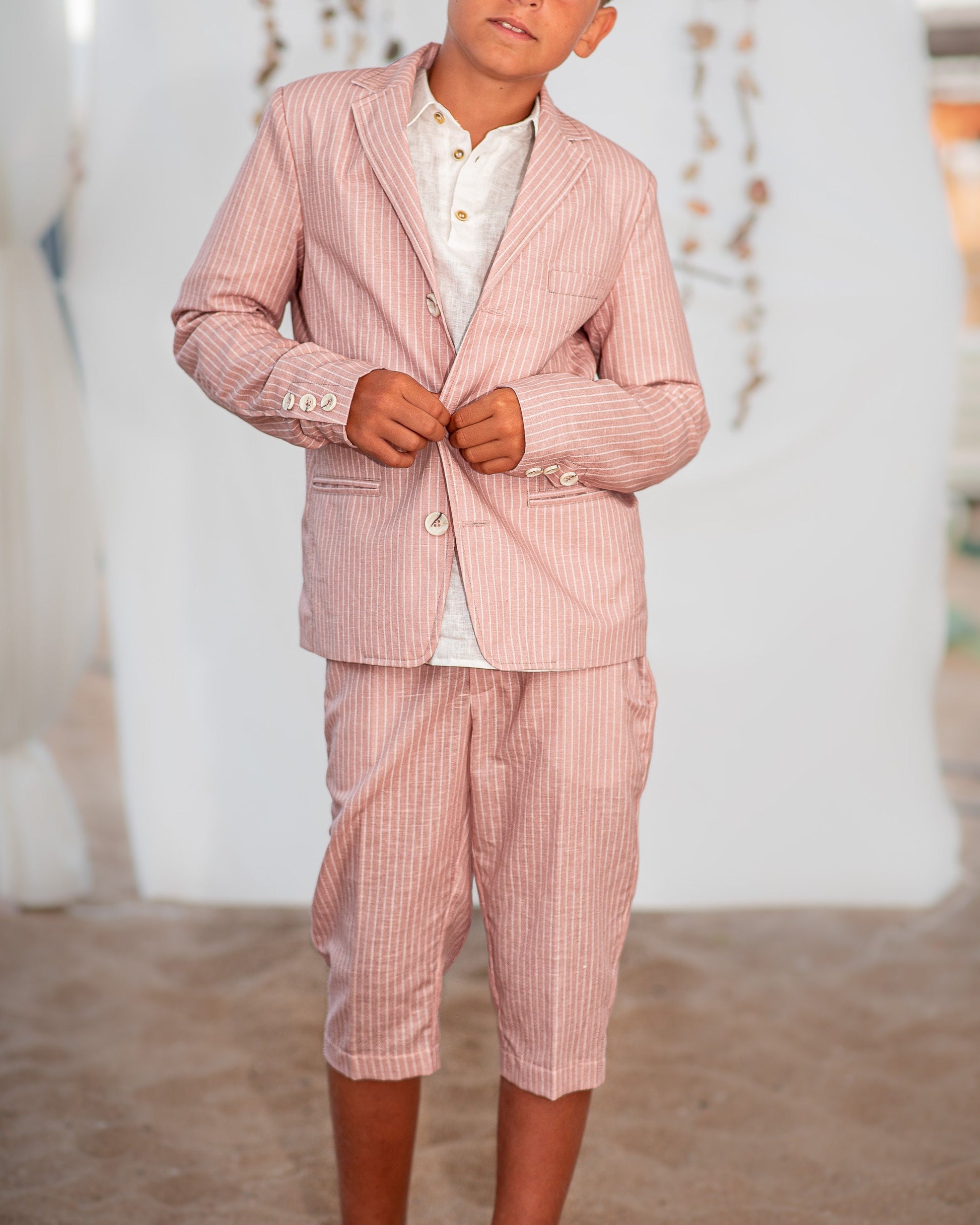 Boys linen outfit/ Toddler boy linen suit/ Kids beach wedding outfit/ Page boy striped rustic suit/ Ring bearer summer clothes outfit