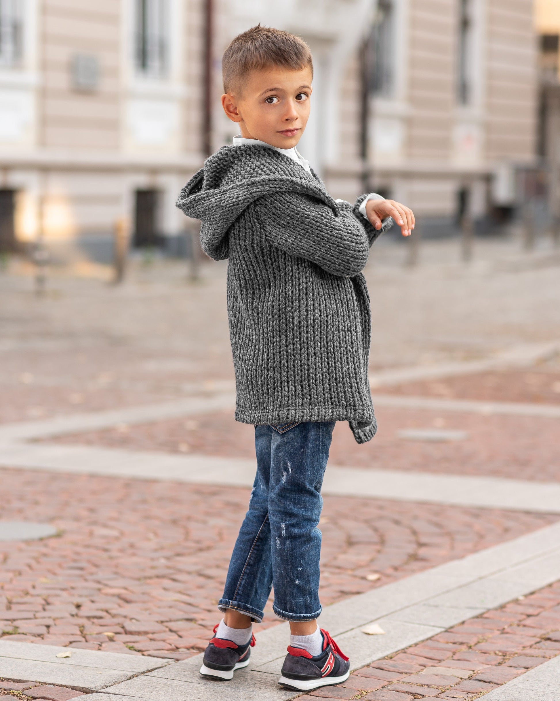 Hooded chunky knitted cardigan sweater kids/ Charcoal Hand knitted sweater wool coat toddler/ Oversized hand knit sweater slouchy cardigan