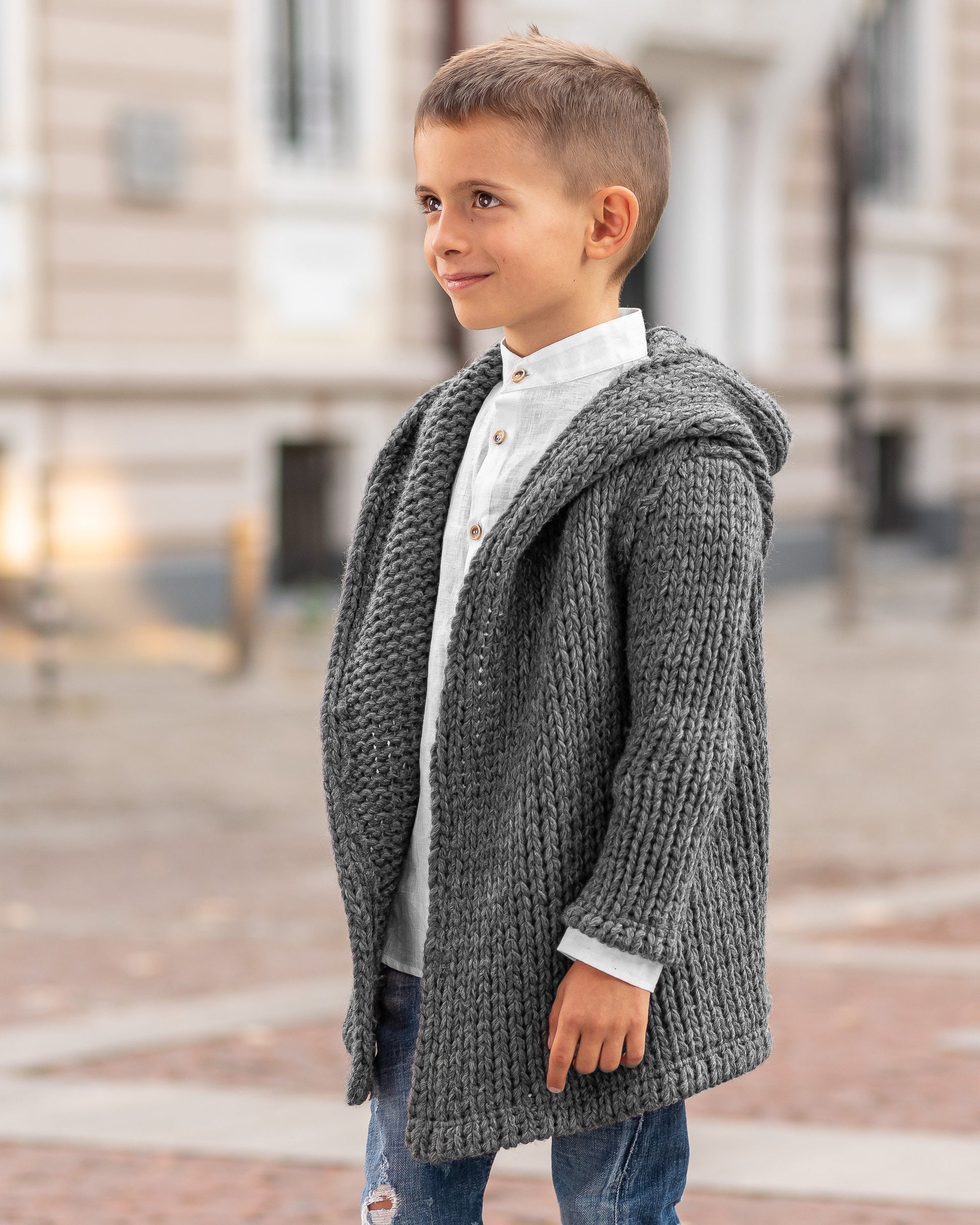 Hooded chunky knitted cardigan sweater kids/ Charcoal Hand knitted sweater wool coat toddler/ Oversized hand knit sweater slouchy cardigan