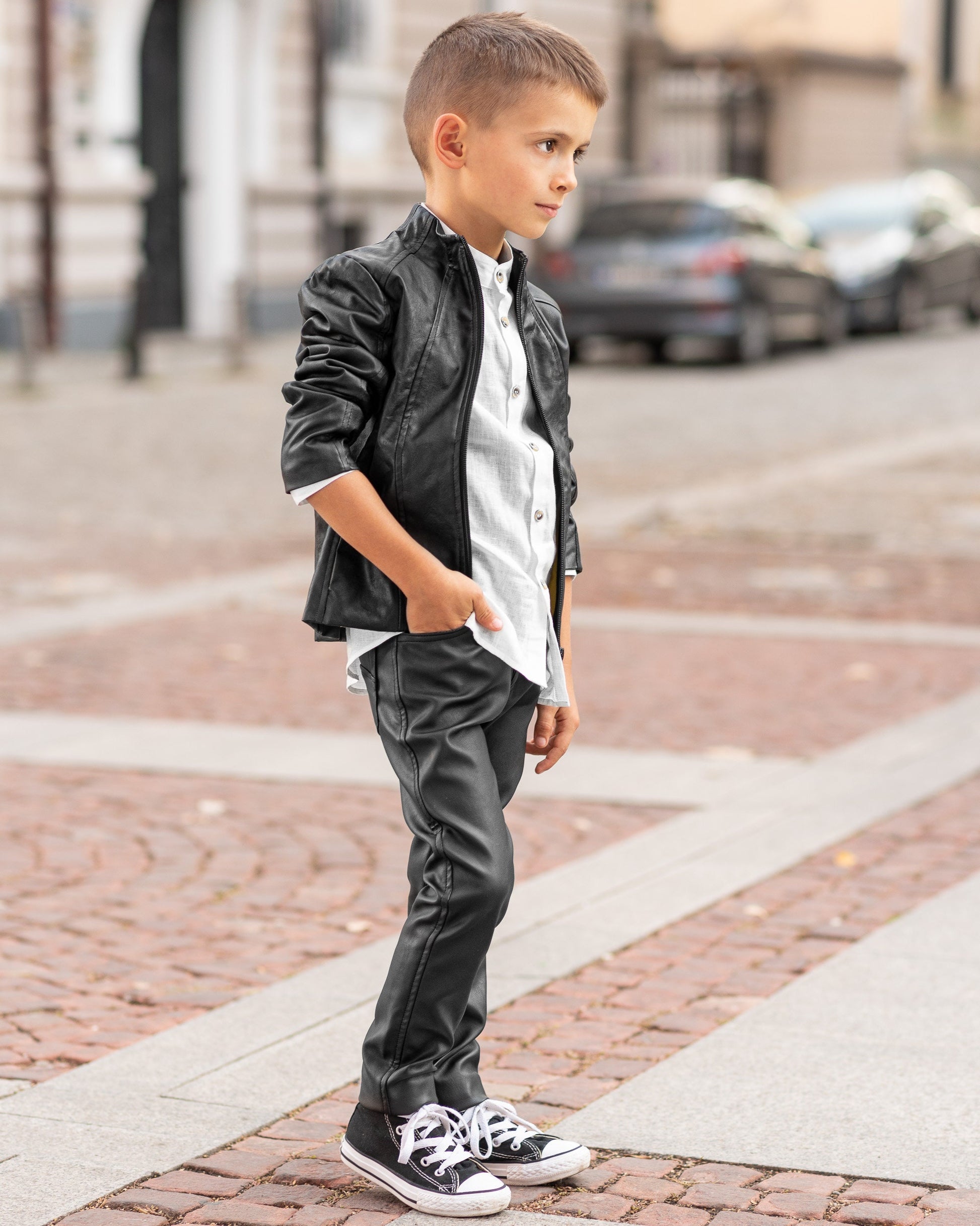 Boys black leather jacket/Faux leather short coat / Eco friendly leather jacket kids outfit black jacket boy clothing / Leather toddler