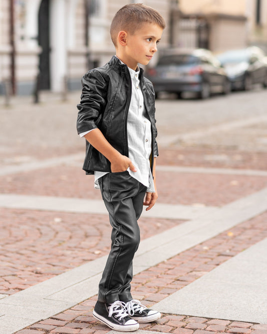 Boys black leather jacket/Faux leather short coat / Eco friendly leather jacket kids outfit black jacket boy clothing / Leather toddler
