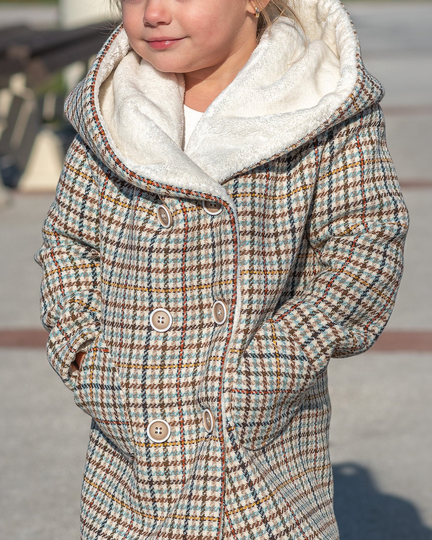Hooded wool houndstooth coat girl jacket/ Tweed checked toddler coat large hood Kids wool plaid overcoat/ Square check tartan tweeted jacket