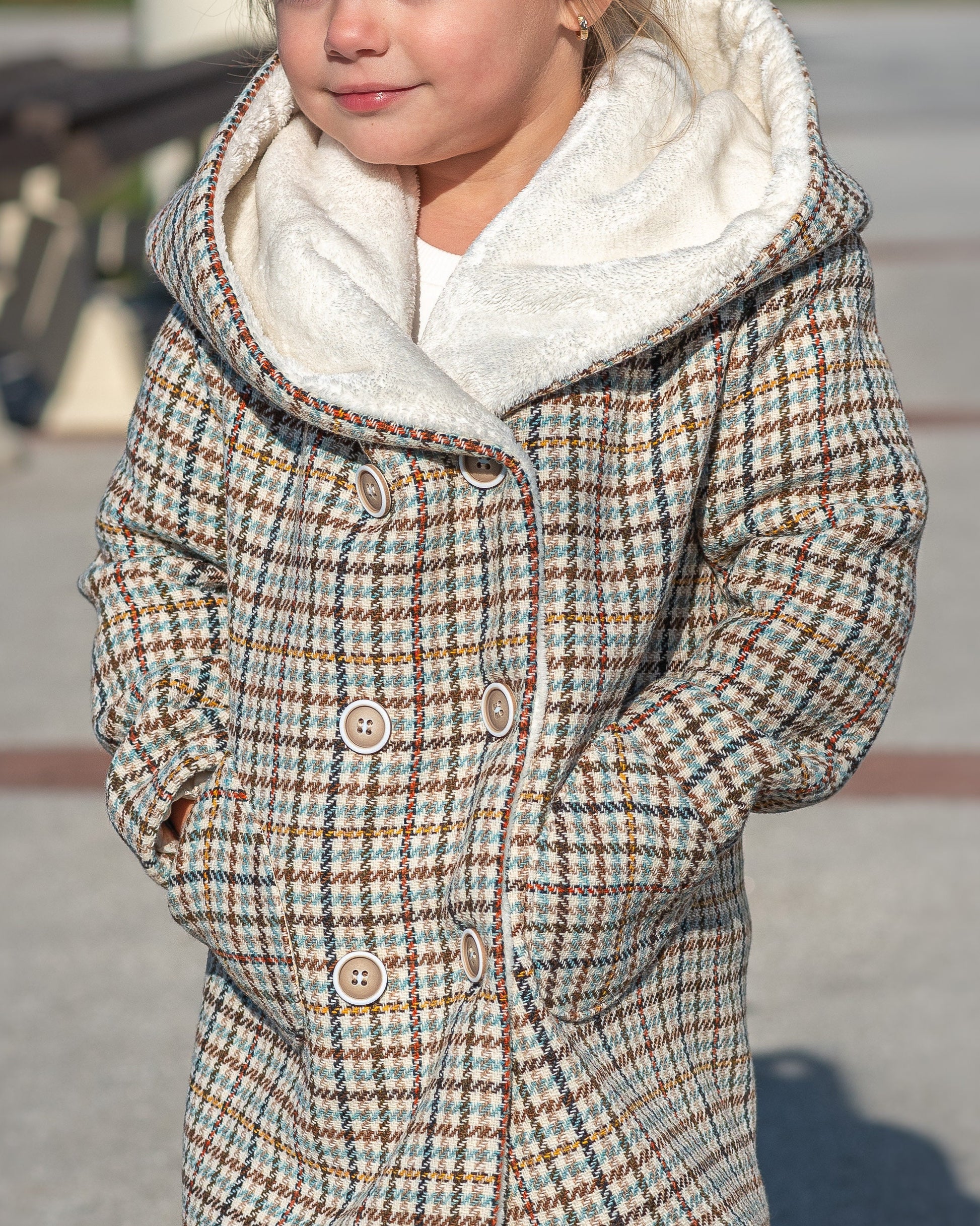 Hooded wool houndstooth coat girl jacket/ Tweed checked toddler coat large hood Kids wool plaid overcoat/ Square check tartan tweeted jacket