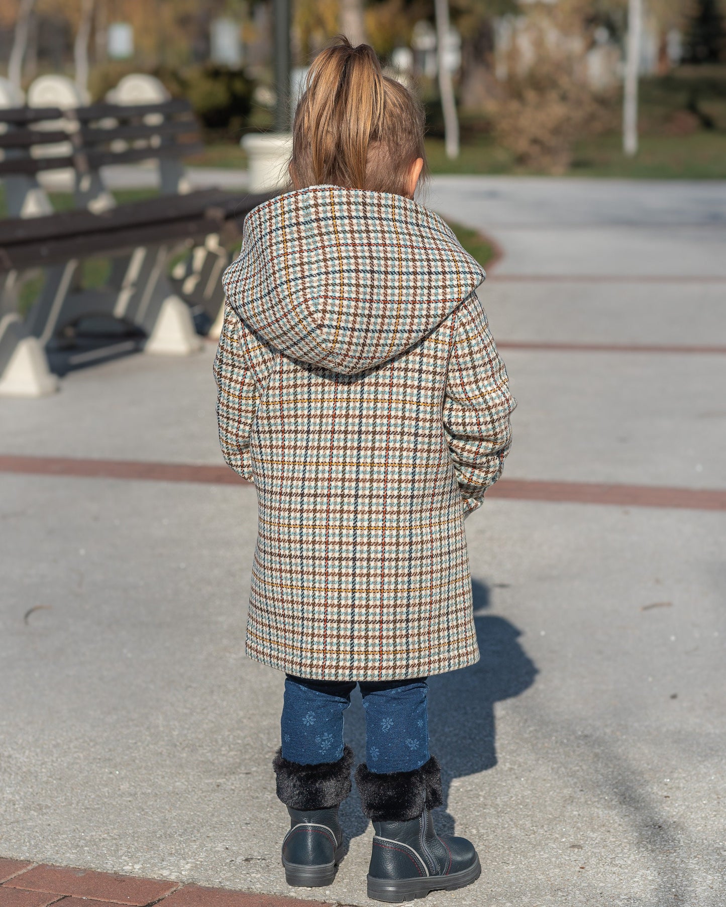 Hooded wool houndstooth coat girl jacket/ Tweed checked toddler coat large hood Kids wool plaid overcoat/ Square check tartan tweeted jacket