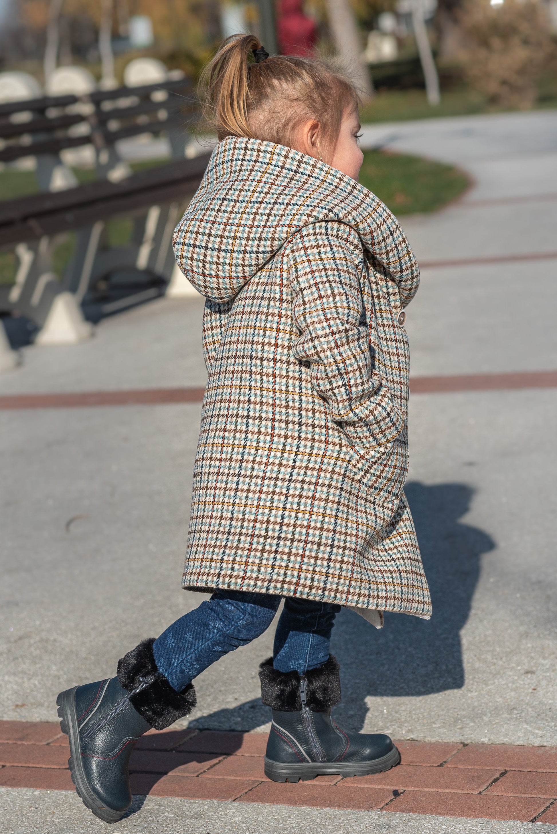 Hooded wool houndstooth coat girl jacket/ Tweed checked toddler coat large hood Kids wool plaid overcoat/ Square check tartan tweeted jacket