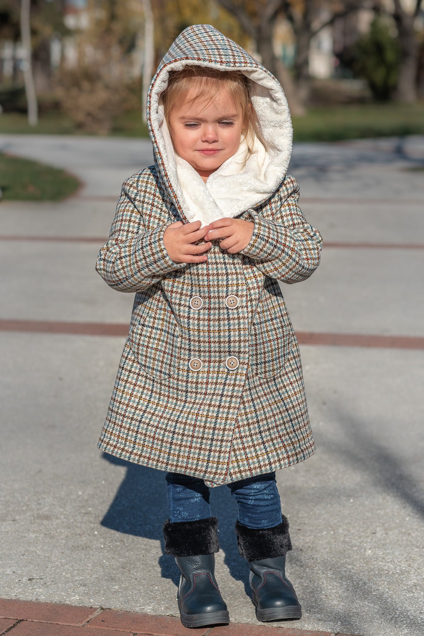Hooded wool houndstooth coat girl jacket/ Tweed checked toddler coat large hood Kids wool plaid overcoat/ Square check tartan tweeted jacket