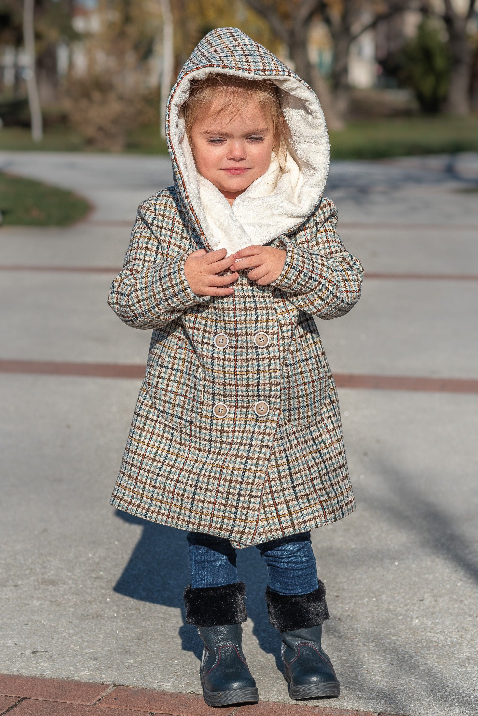 Hooded wool houndstooth coat girl jacket/ Tweed checked toddler coat large hood Kids wool plaid overcoat/ Square check tartan tweeted jacket