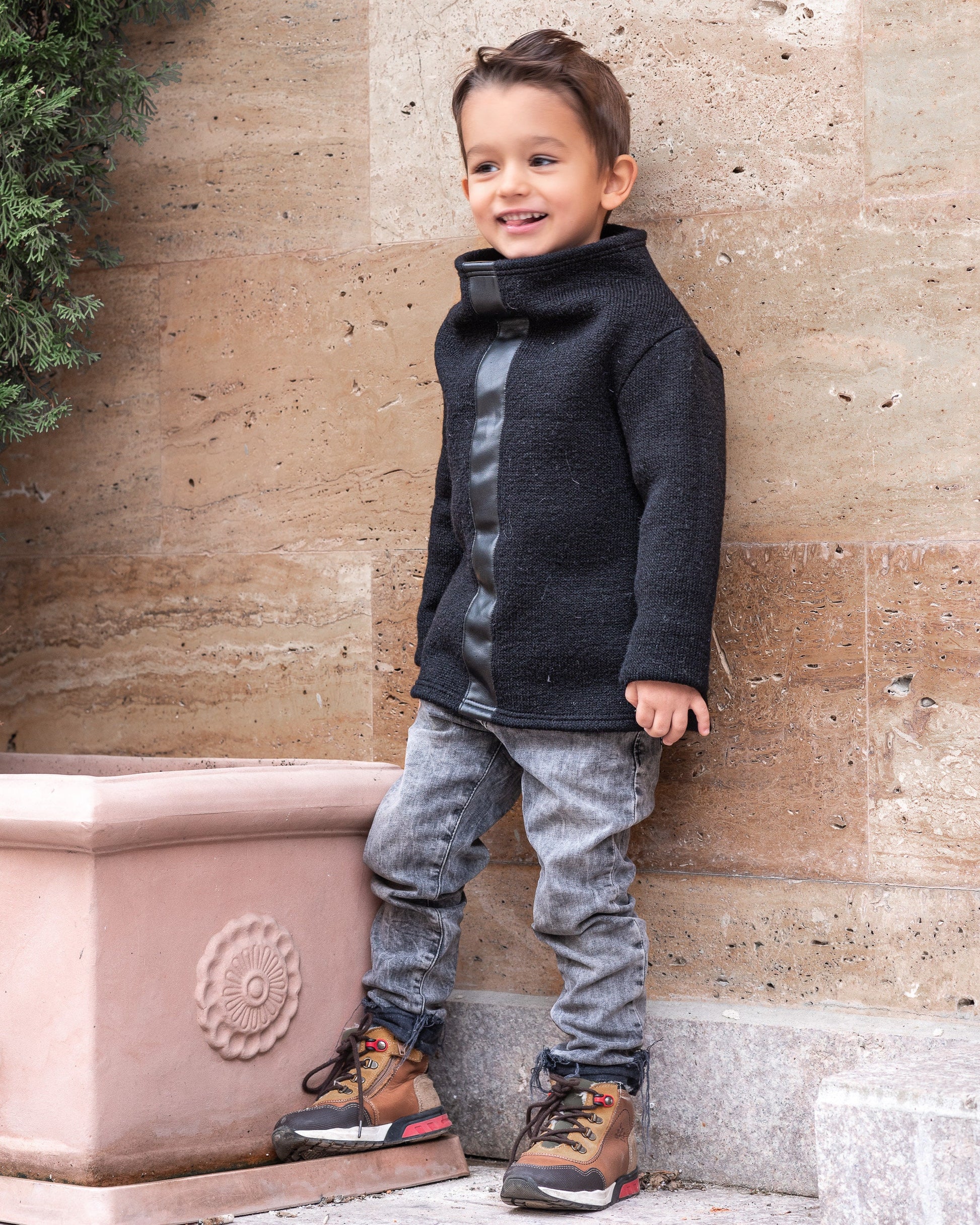 Wool turtleneck sweater boys/ Designer warm high neck sweater/ Black high collar woolen sweater kids/ Toddler boy modern turtle sweater