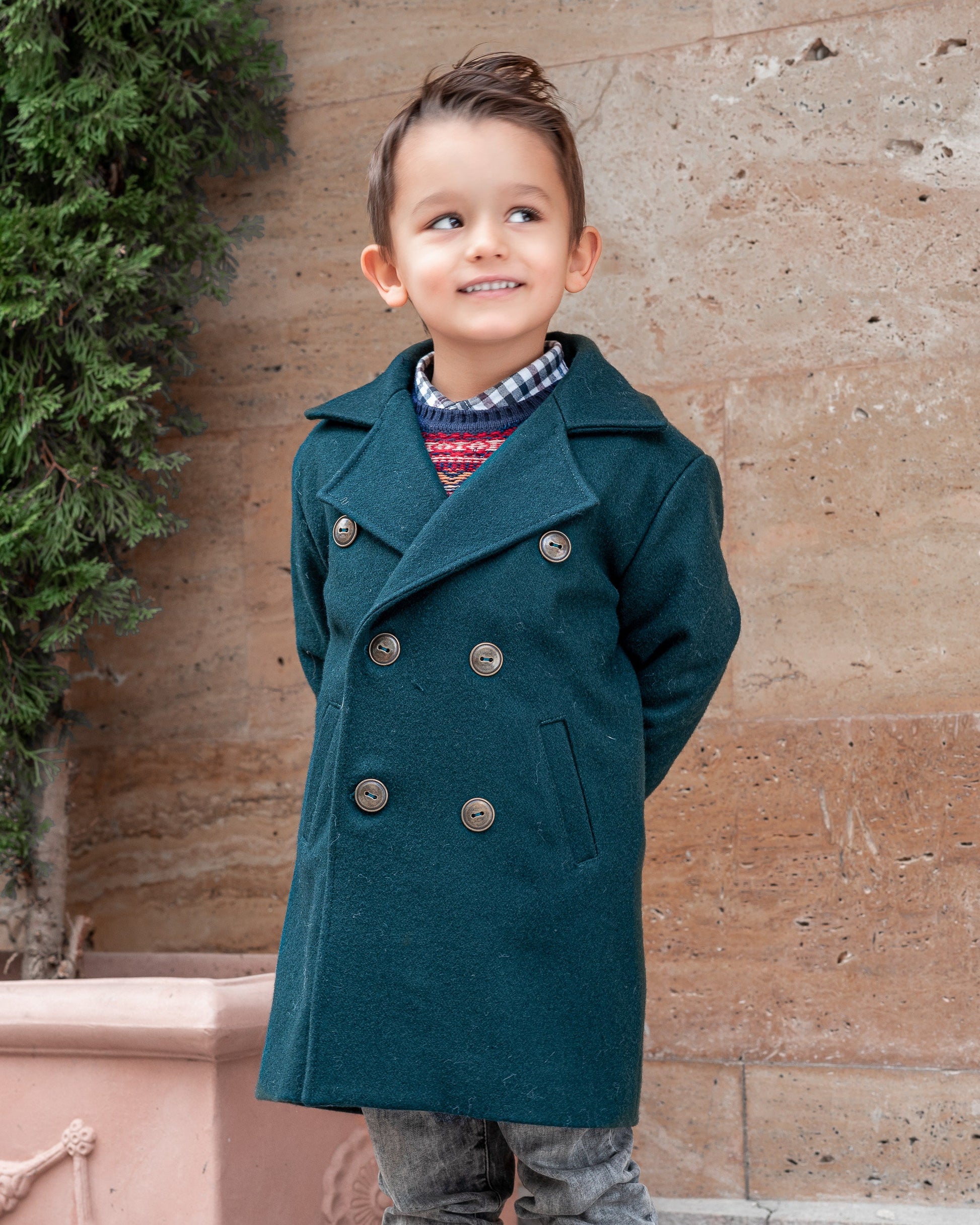 Long wool peacoat for boys, Kids warm winter vintage coat, Double breasted down coat toddler, Long classic coat, Junior long pea coat