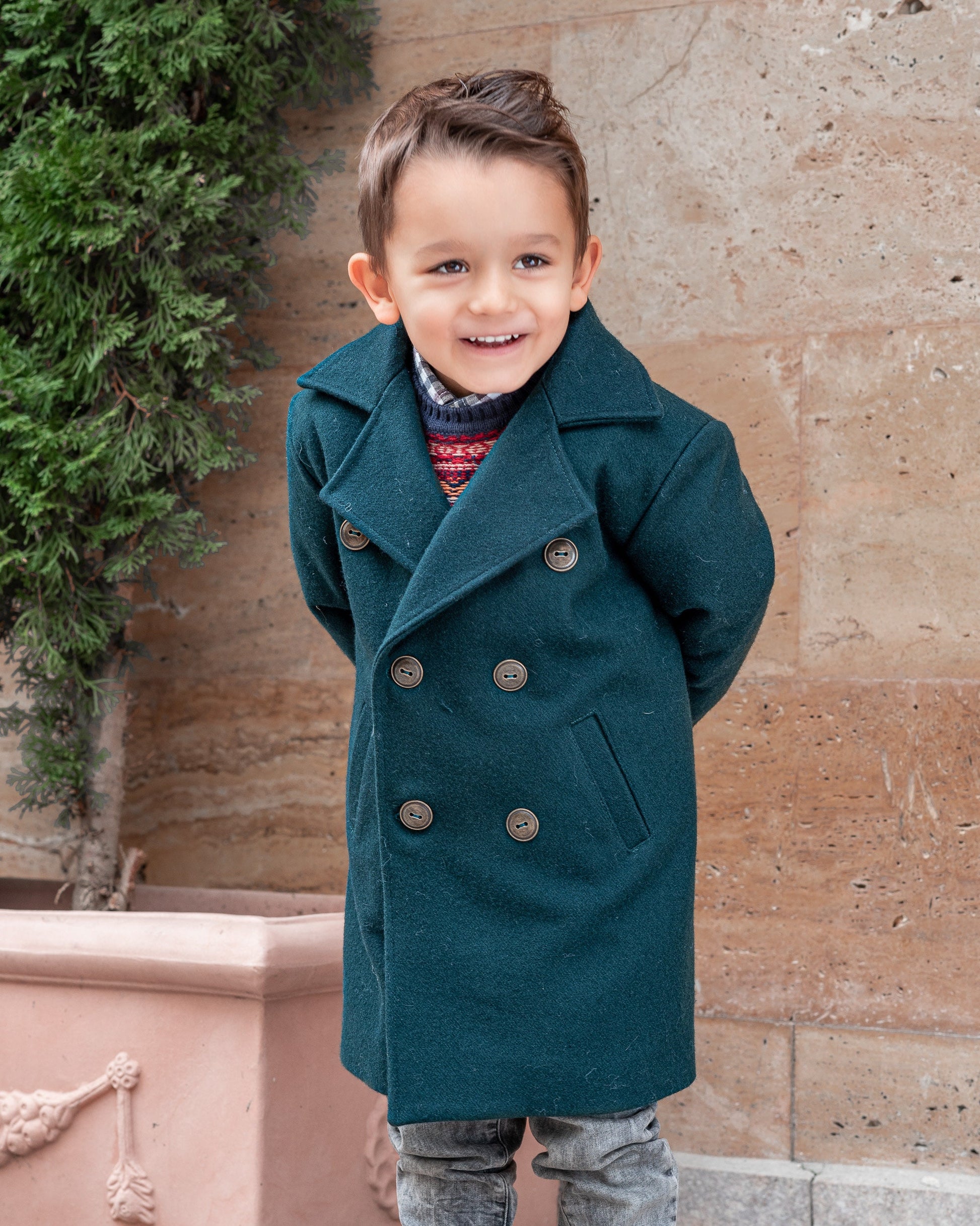 Long wool peacoat for boys, Kids warm winter vintage coat, Double breasted down coat toddler, Long classic coat, Junior long pea coat