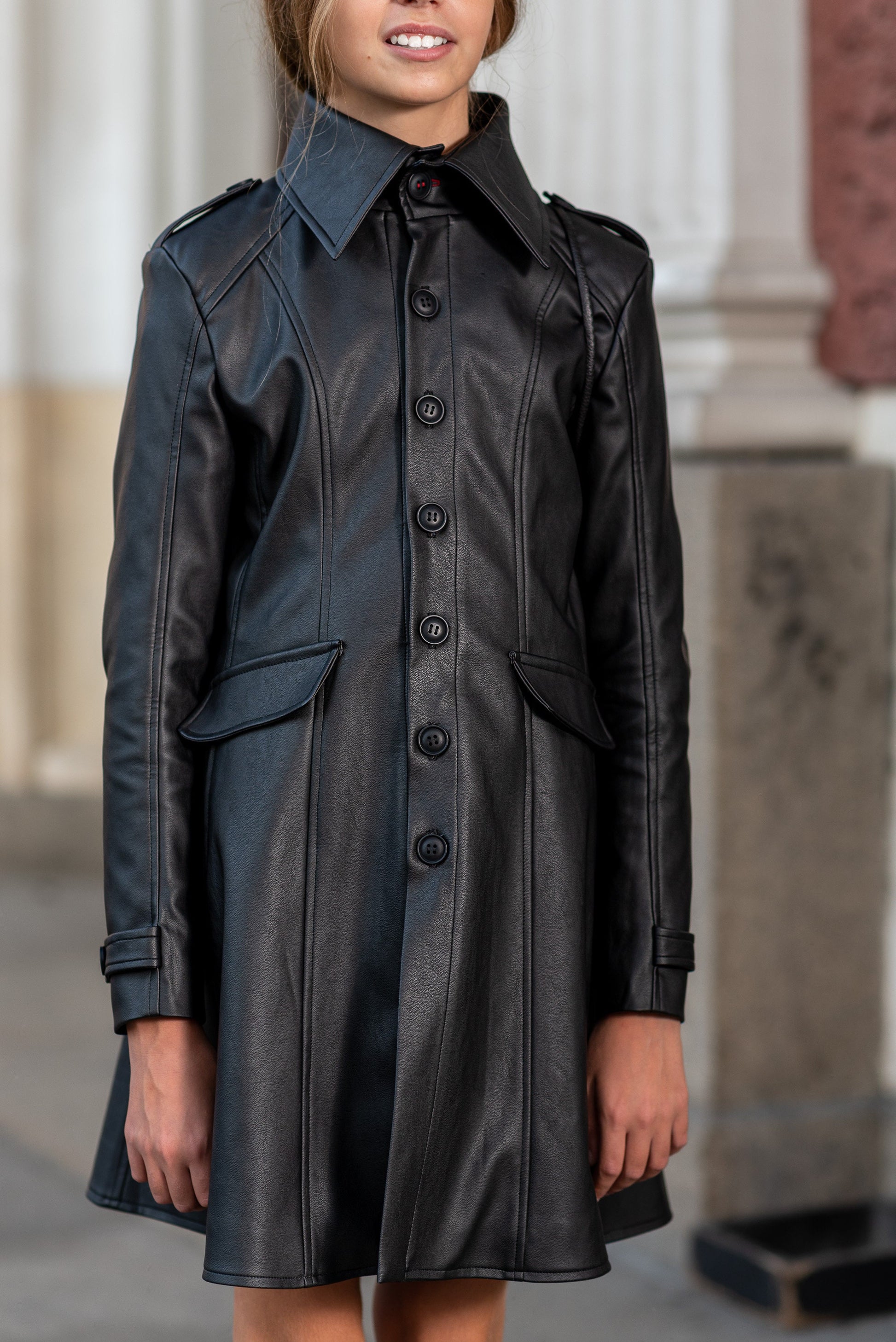 Long faux leather celebrity coat jacket for Girl Leather outfit/ Toddler vegan steampunk overcoat/ Long down Frock Coat Trench Duster Coat