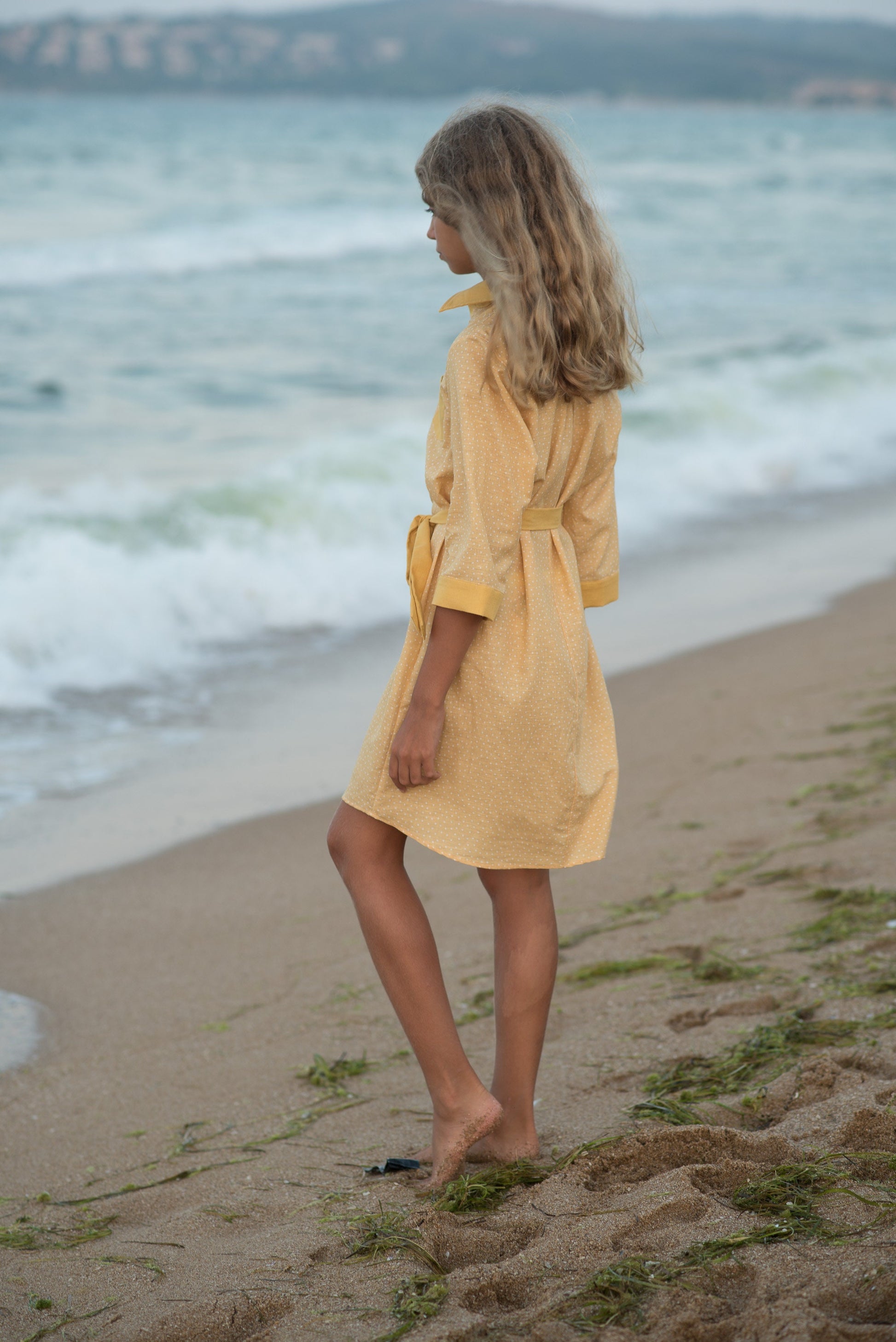 Linen 3/4 sleeve polka dot shirt dress/ Resort linen clothing toddler dress shirt/ Girls clothing summer outfit/ Stylish curry color dress