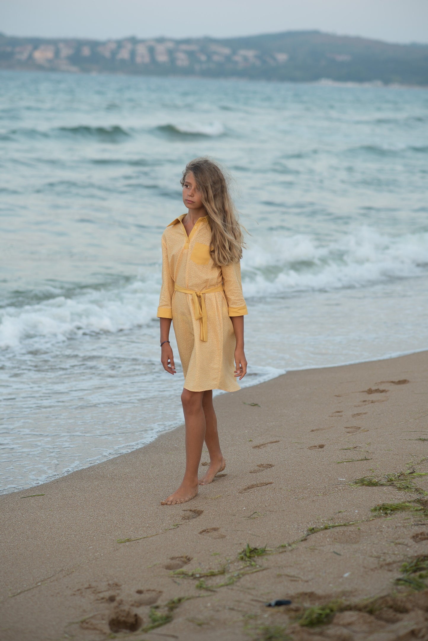 Linen 3/4 sleeve polka dot shirt dress/ Resort linen clothing toddler dress shirt/ Girls clothing summer outfit/ Stylish curry color dress