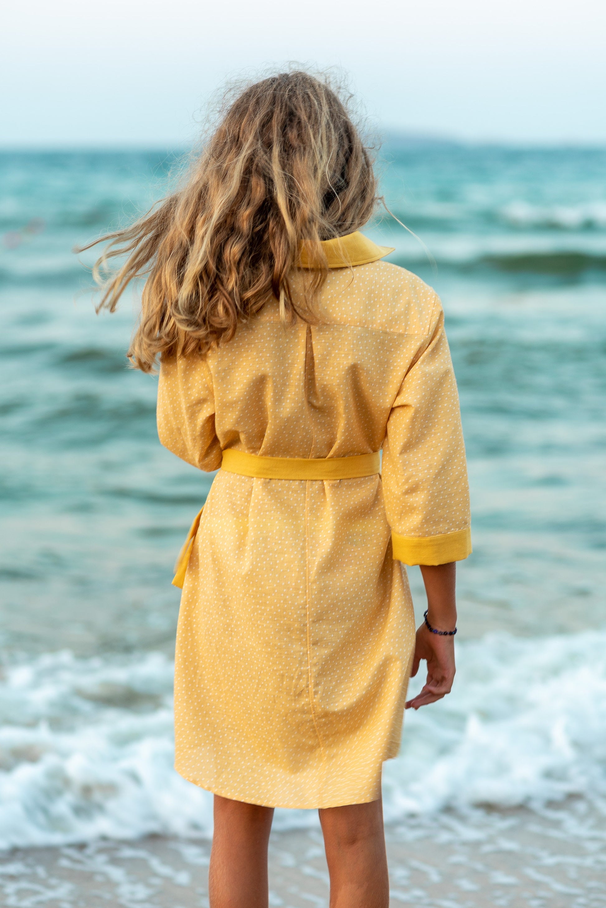 Linen 3/4 sleeve polka dot shirt dress/ Resort linen clothing toddler dress shirt/ Girls clothing summer outfit/ Stylish curry color dress