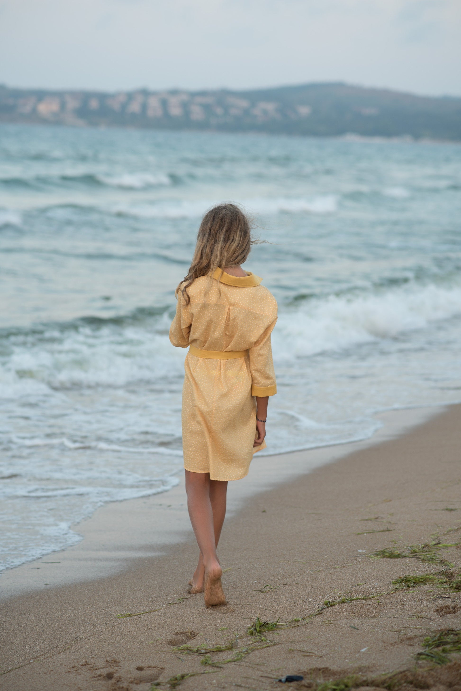 Linen 3/4 sleeve polka dot shirt dress/ Resort linen clothing toddler dress shirt/ Girls clothing summer outfit/ Stylish curry color dress