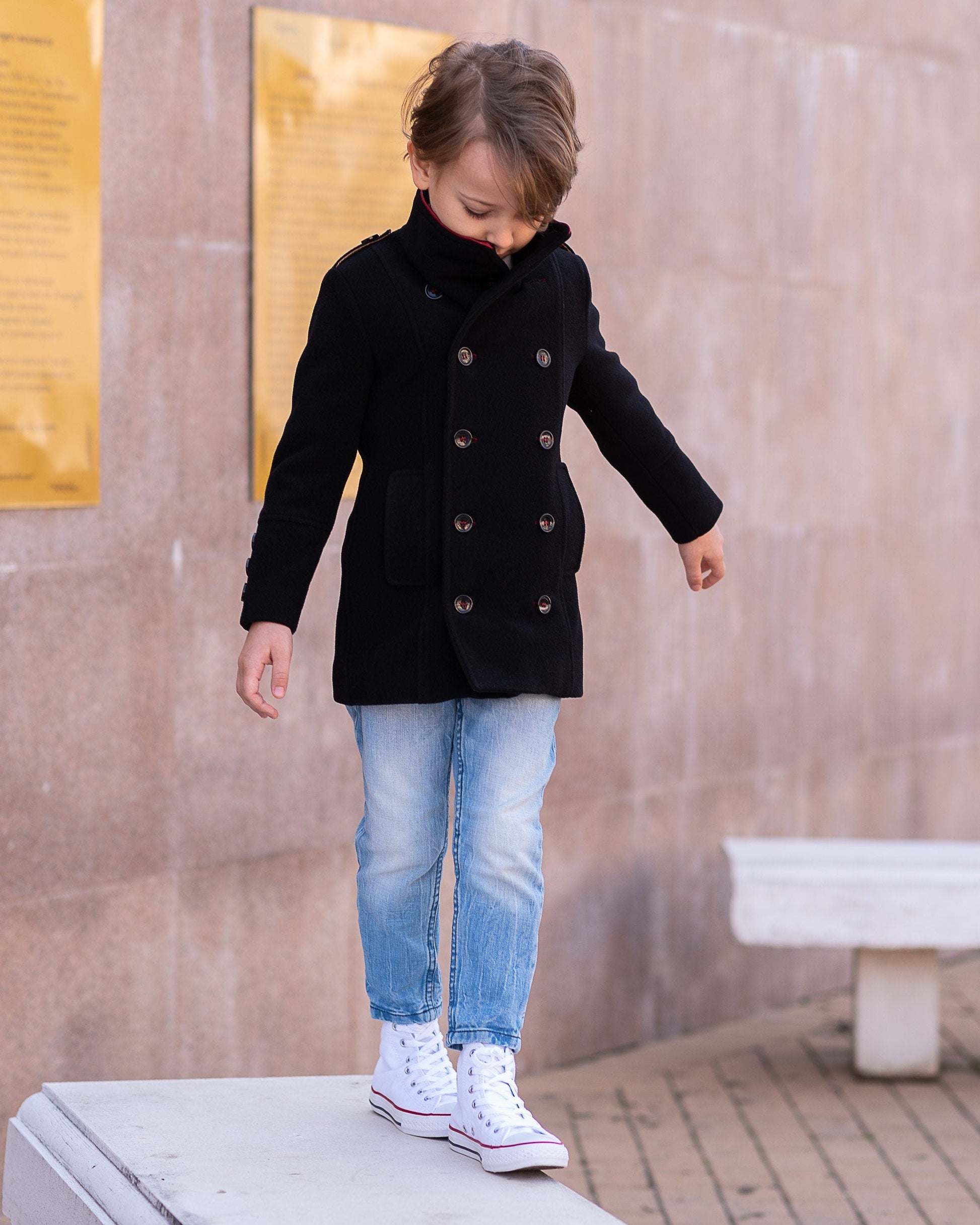 Winter double breasted black wool coat, Boys wool coat, Vintage coat, Trendy wool coat, Toddler boy coat, Kids coat, Down coat, Pea coat