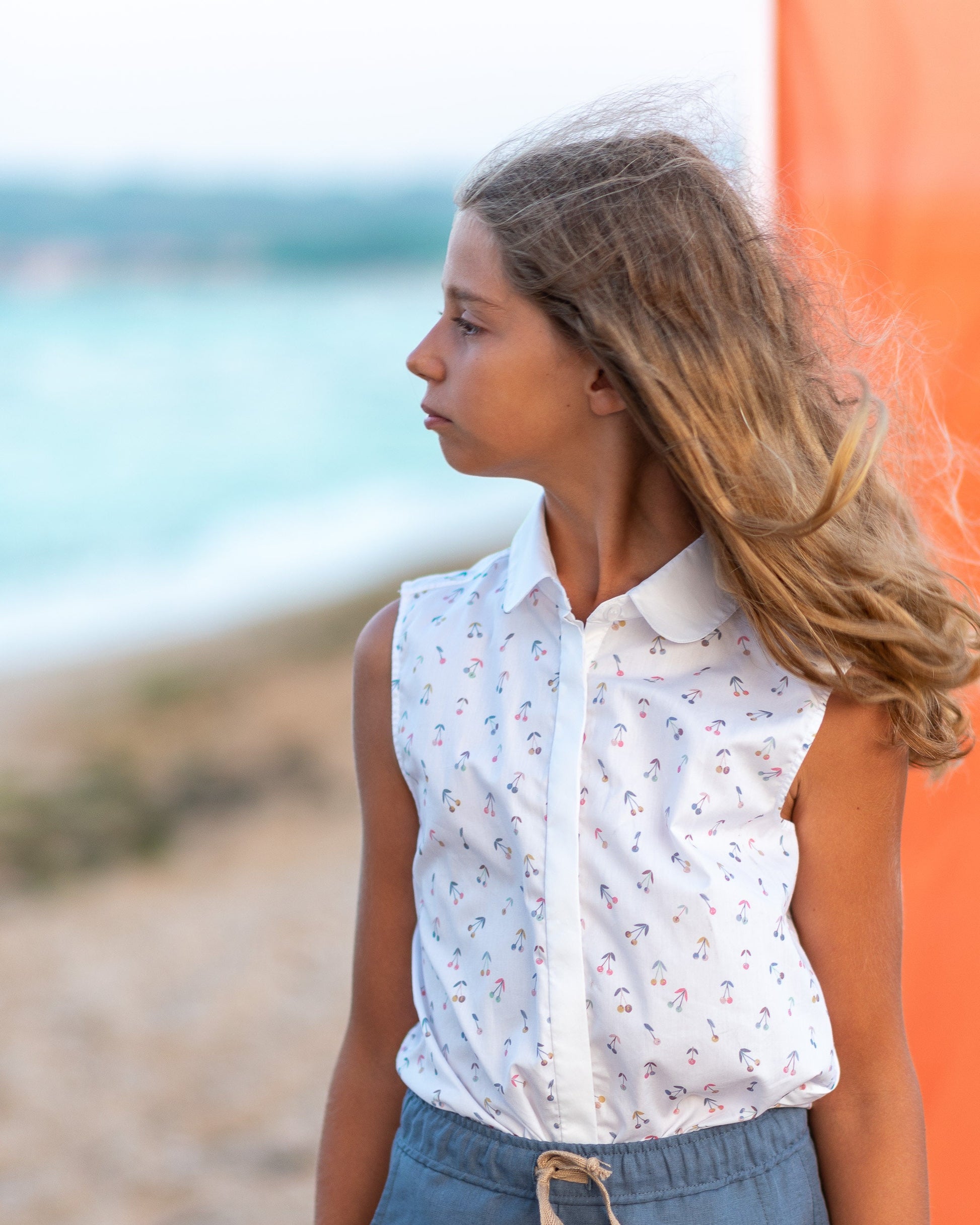 Organic cotton girls top/ Summer sleeveless blouse/ Toddler girls printed Peter pan collar blouse/ Kids cotton clothing/Girls formal blouse
