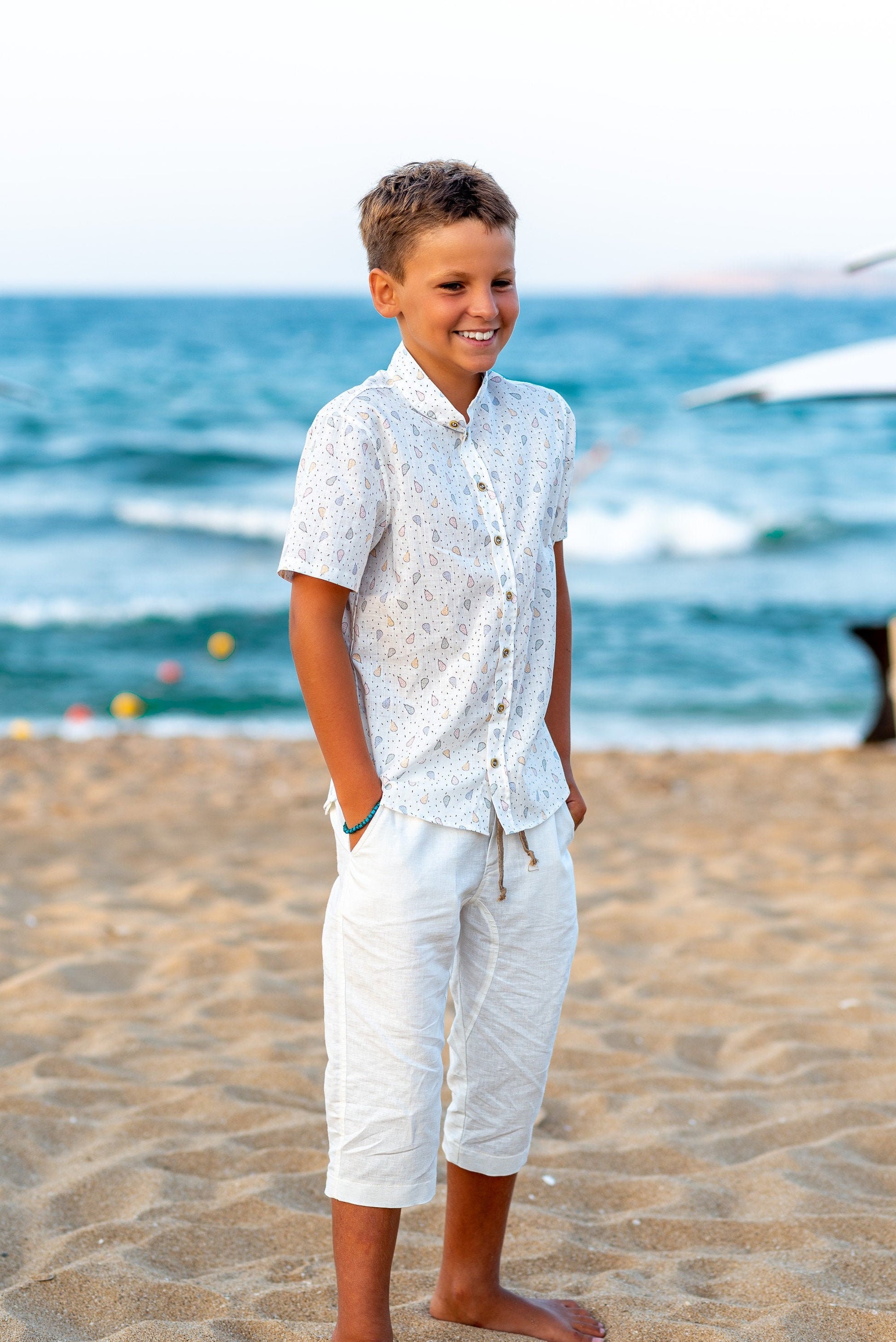 White Boys linen Bermuda pants/ Toddler linen drop crotch pants/ Kids fashion clothing/Summer linen wear/ Beach outfit