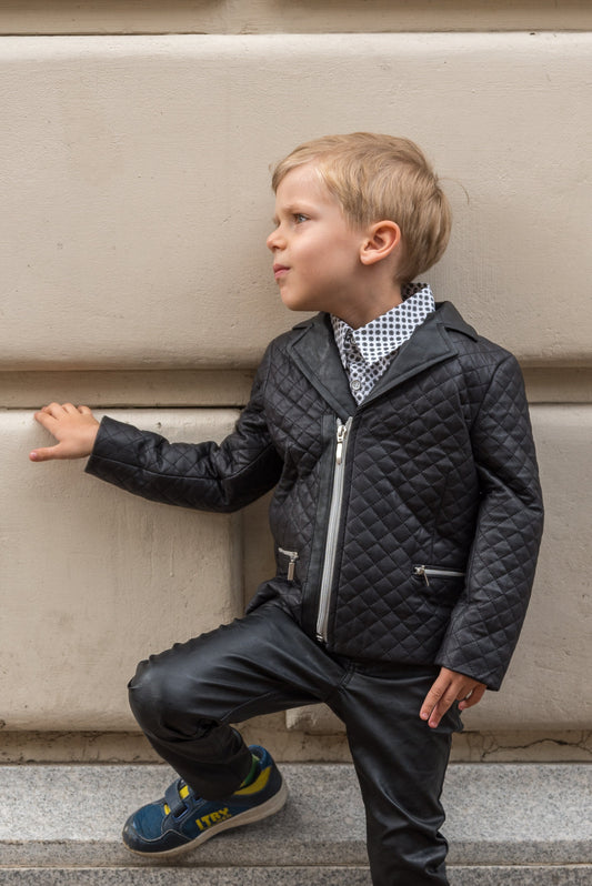 Boys leather jacket, Black faux leather quilted jacket, Stylish leather boys outfit, Toddler boy zipper blazer, Trendy Eco clothing kids