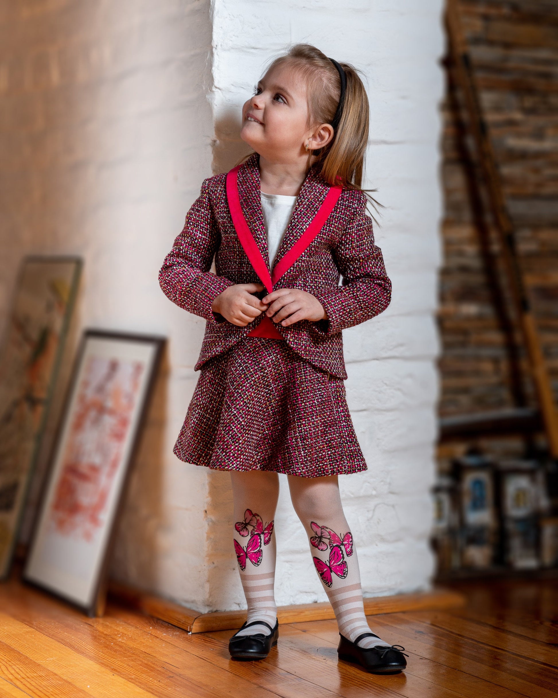 Toddler tuxedo suit girls/ Boucle tux suit formal wear toddler birthday/ Children tuxedo outfit/ Kids christening dress suit