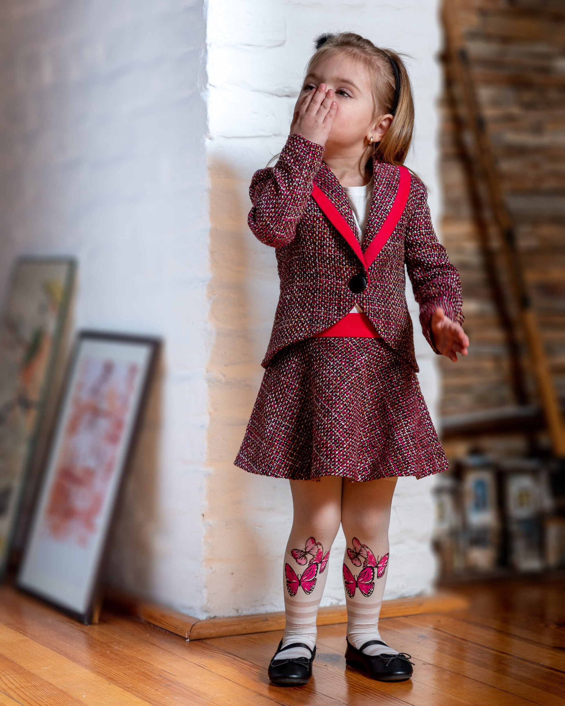 Toddler tuxedo suit girls/ Boucle tux suit formal wear toddler birthday/ Children tuxedo outfit/ Kids christening dress suit