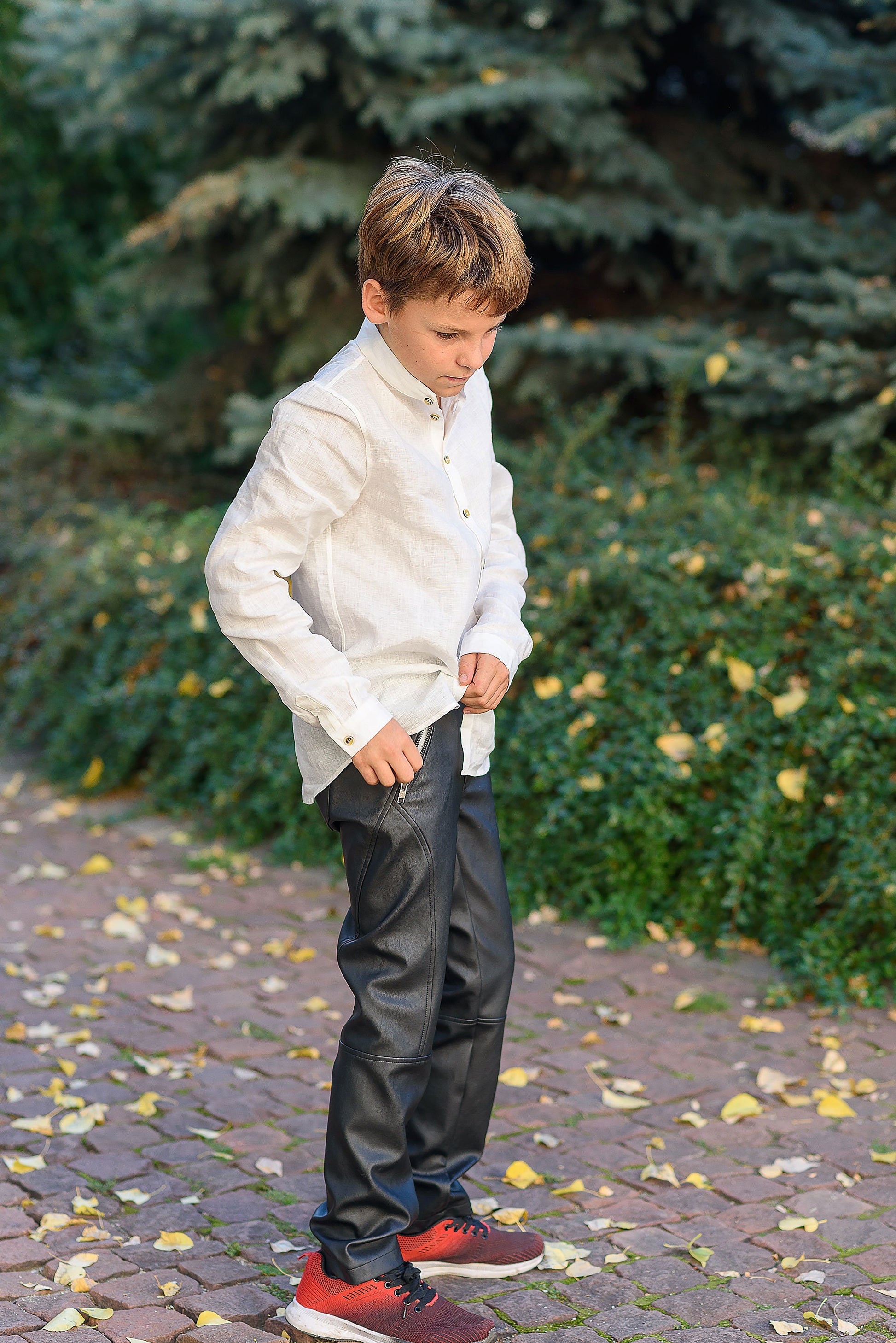 Boys white linen shirt with long sleeve/ Kids stand collar linen shirt/ Classic linen shirt toddler boy/ Formal linen collar Button up shirt