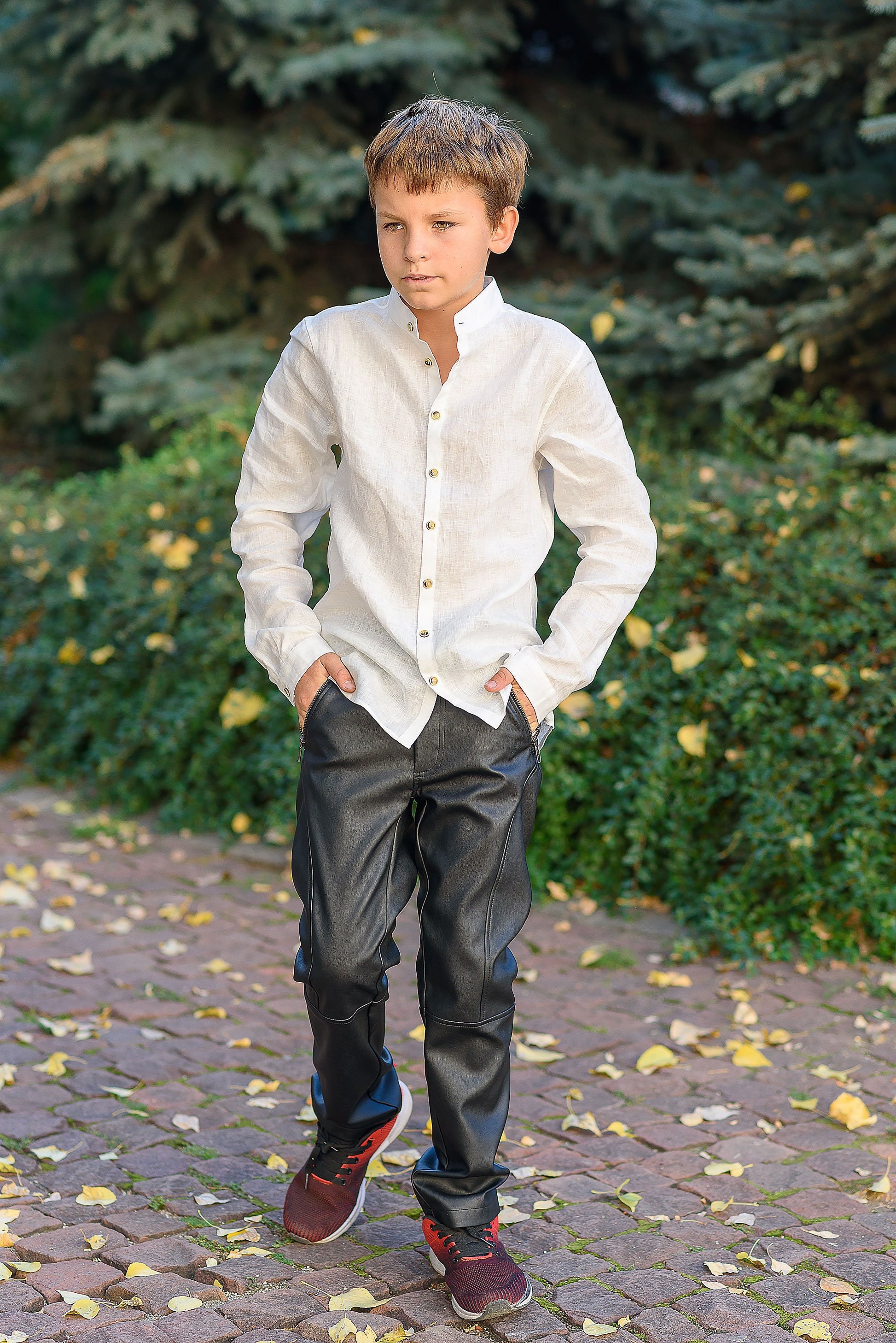 Boys white linen shirt with long sleeve/ Kids stand collar linen shirt/ Classic linen shirt toddler boy/ Formal linen collar Button up shirt