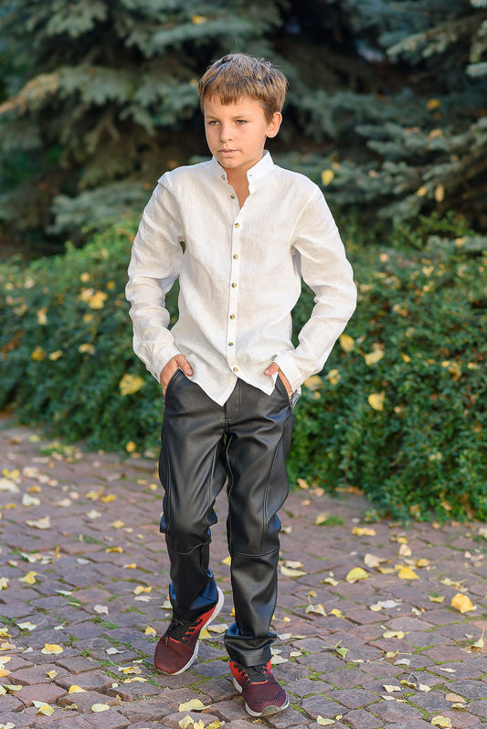 Boys white linen shirt with long sleeve/ Kids stand collar linen shirt/ Classic linen shirt toddler boy/ Formal linen collar Button up shirt